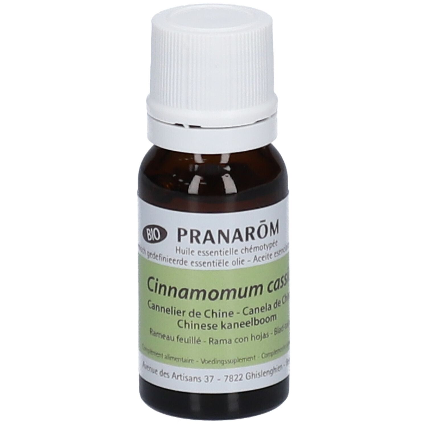 Flacone di vetro marrone con tappo bianco ed etichetta. Il nome del prodotto e 10 ml sono sull'etichetta.