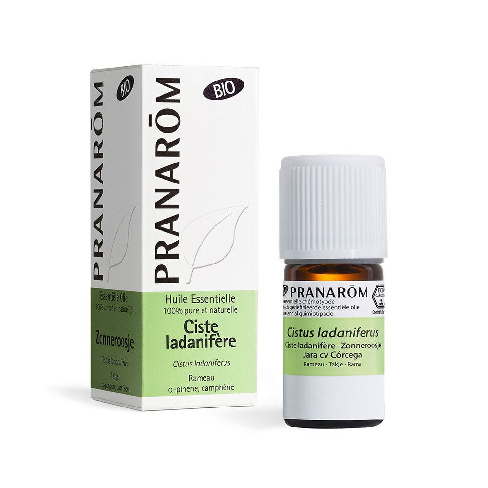 Flacone e confezione di olio essenziale PRANAROM Zistrose. Flacone con tappo bianco. Confezione con testo e logo.