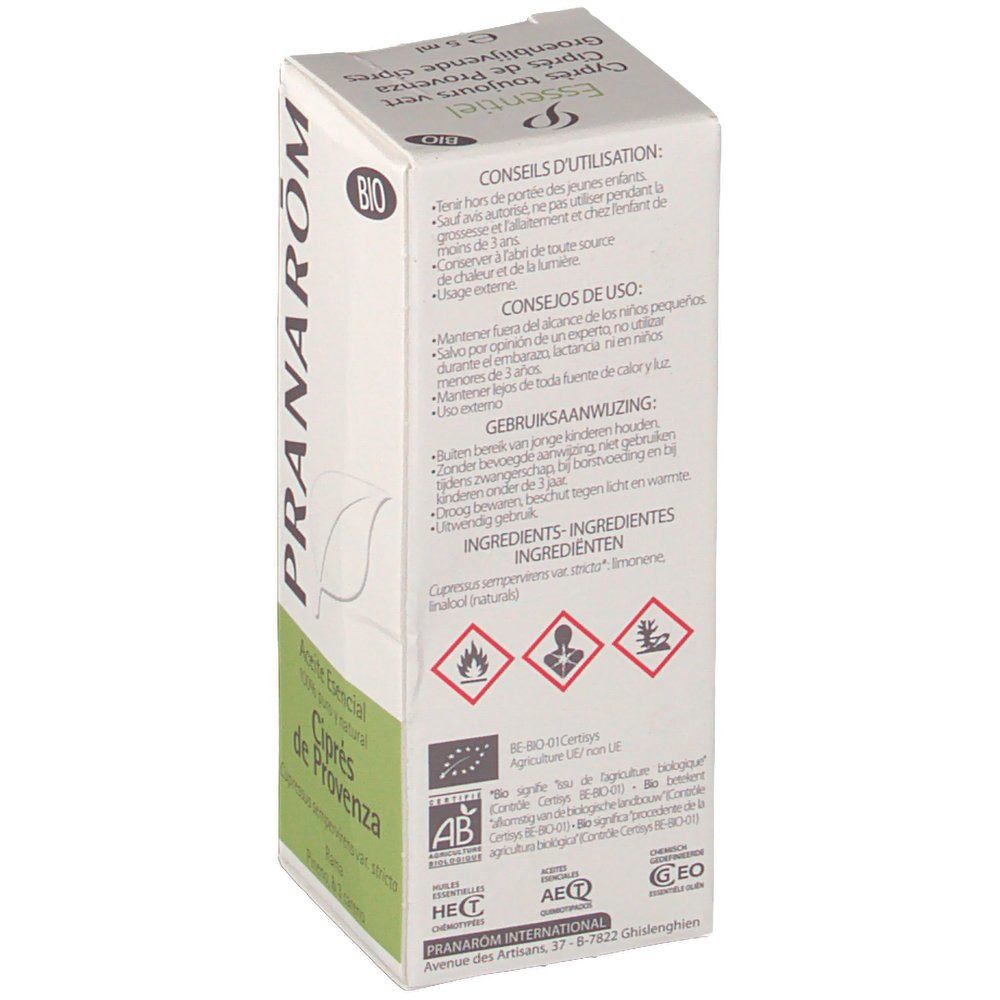 Scatola di cartone con informazioni sul prodotto e avvertenze. Testo multilingue. Logo bio e certificazioni.