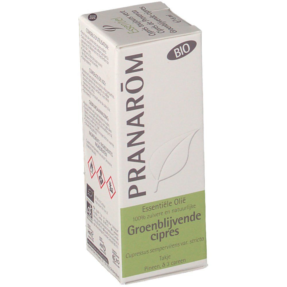 Scatola di cartone con nome del prodotto e logo bio. Testo in olandese e francese. Scritta verde su sfondo bianco.