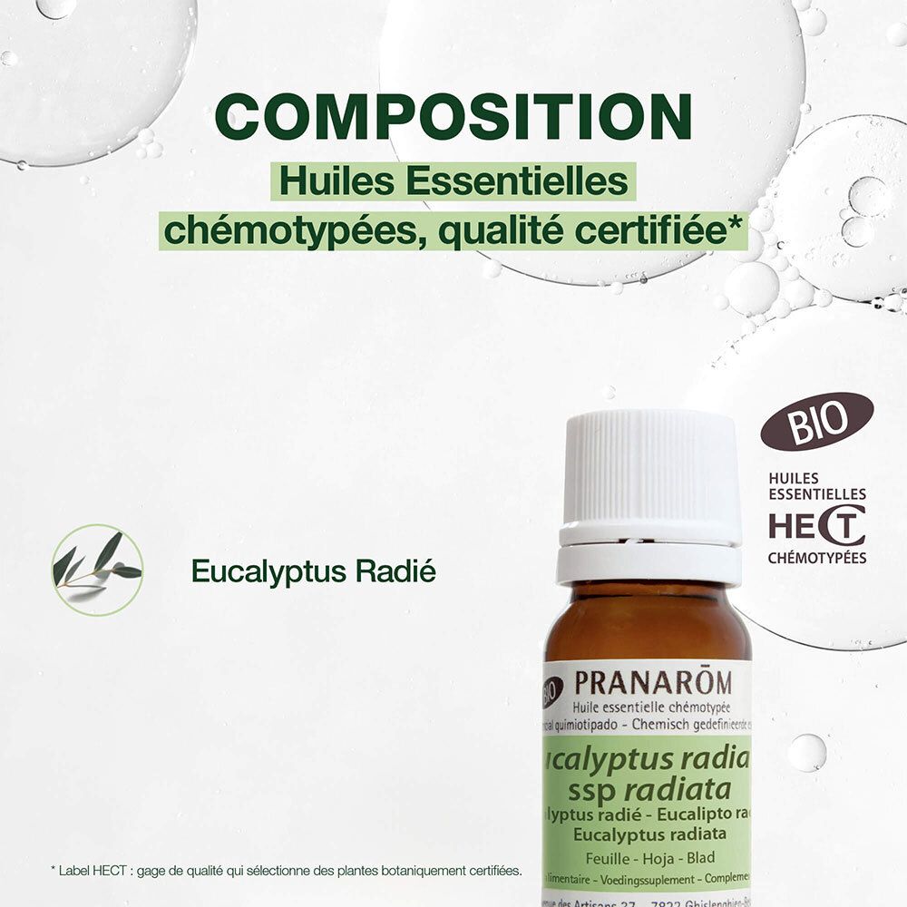Flacone di vetro marrone. Scritta: PRANAROM, Eucalyptus Radié. Certificazione BIO. Testo sulla composizione.