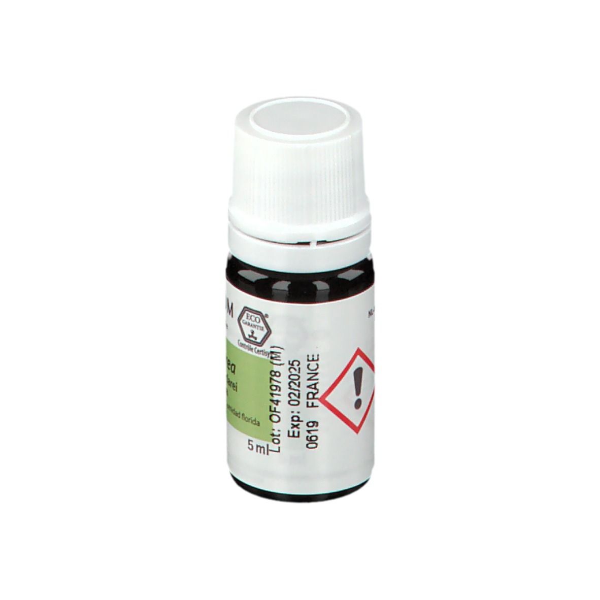Flacone di vetro marrone con tappo bianco. Etichetta con logo PRANAROM e « Salvia sclarea ». Simbolo di pericolo.