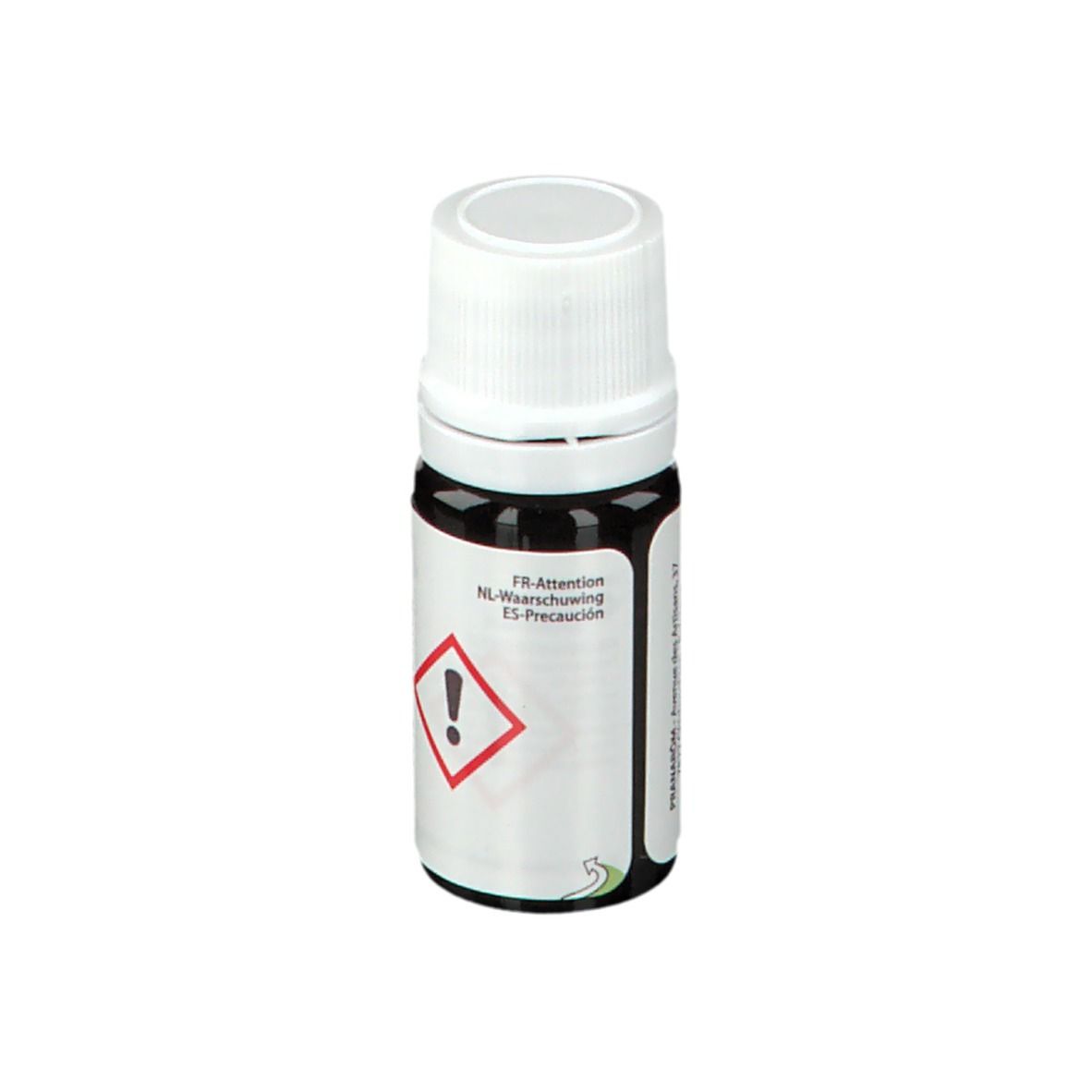Flacone di vetro marrone con tappo bianco. Etichetta con logo PRANAROM e « Salvia sclarea ». Simbolo di pericolo.
