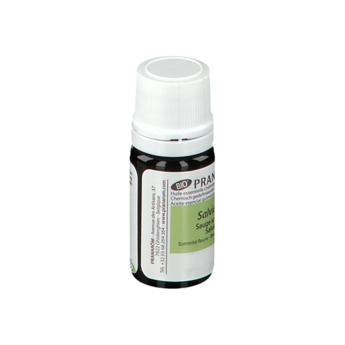 Flacone di vetro marrone con tappo bianco. Etichetta con logo PRANAROM e « Salvia sclarea ». Sigillo BIO.
