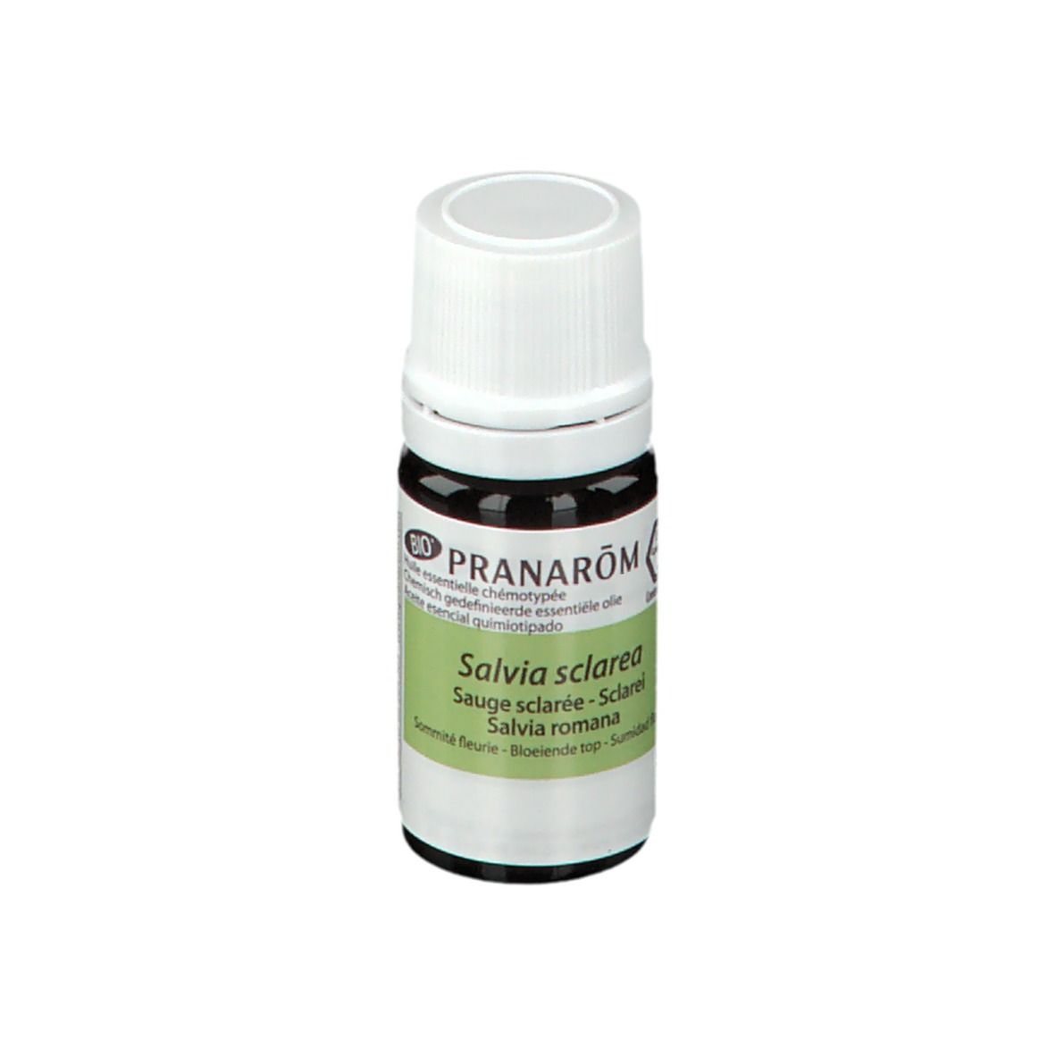 Flacone di vetro marrone con tappo bianco. Etichetta con logo PRANAROM e « Salvia sclarea ». Sigillo BIO.