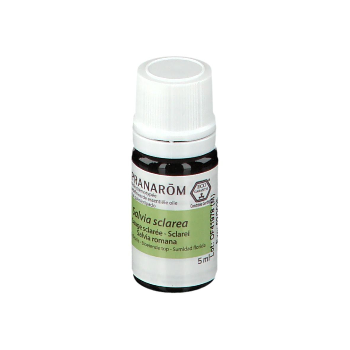 Flacone di vetro marrone con tappo bianco. Etichetta con logo PRANAROM e « Salvia sclarea ». Sigillo BIO.