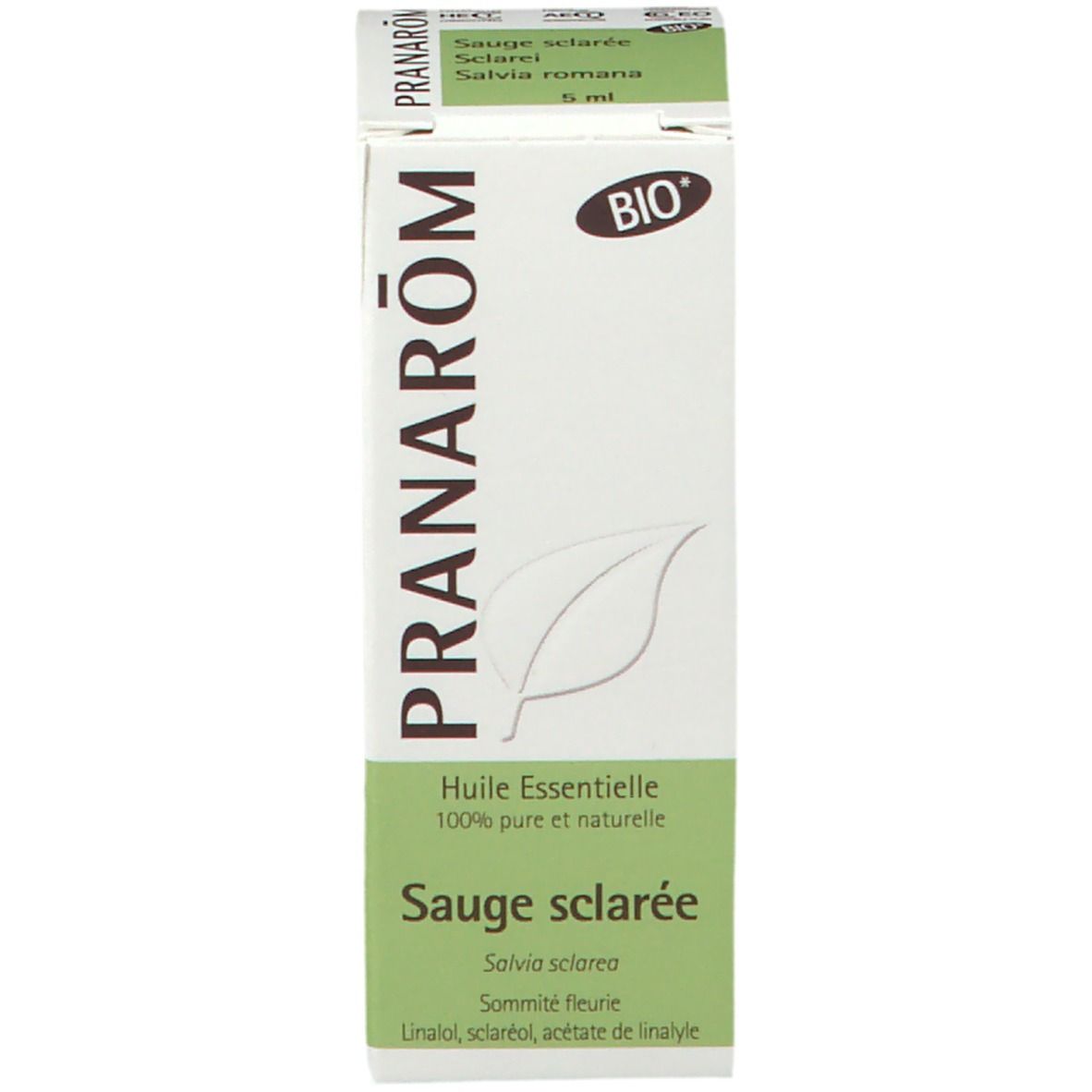 Confezione. Confezione bianca con fascia verde. Logo PRANAROM. Sigillo « BIO ». « Huile Essentielle » e « Sauge sclarée ».
