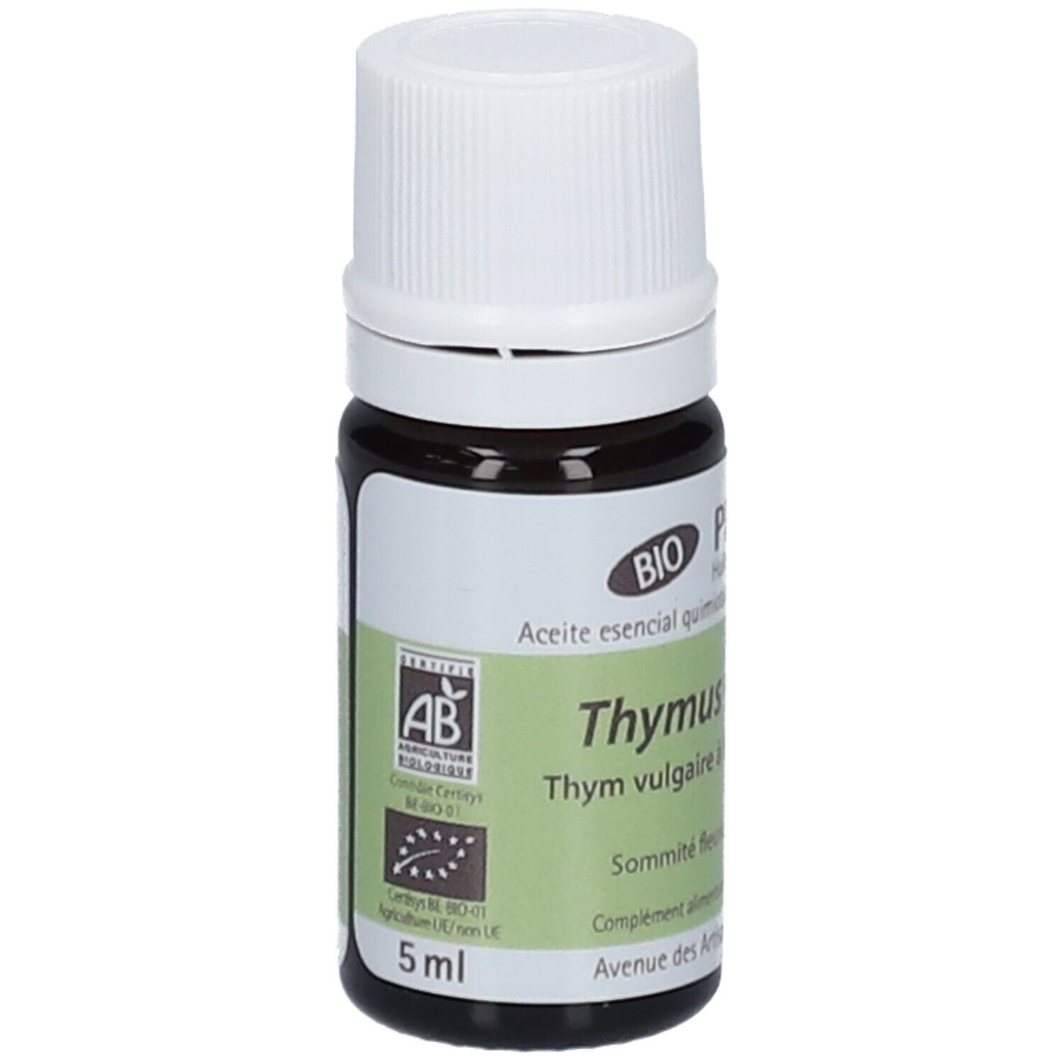 Flacone del prodotto con tappo bianco. Scritta: PRANAROM Thymus vulgaris ct linalool. Certificazione Bio.