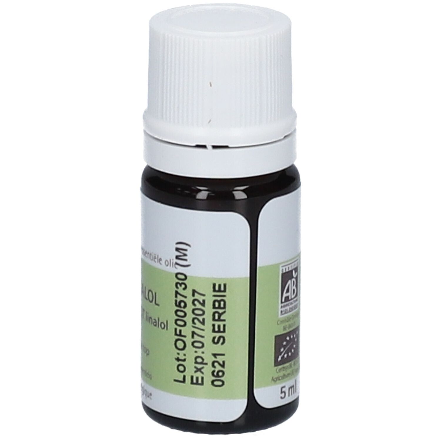 Flacone del prodotto con tappo bianco. Scritta: PRANAROM Thymus vulgaris ct linalool. 5 ml. Certificazione Bio.