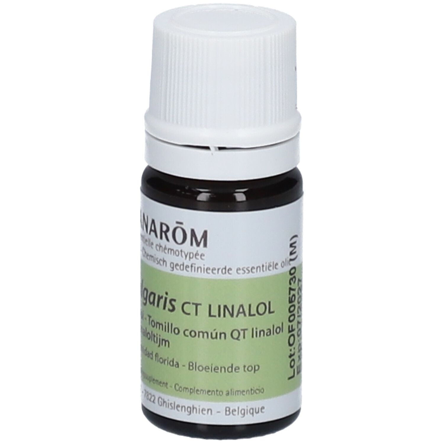 Flacone del prodotto con tappo bianco. Scritta: PRANAROM Thymus vulgaris ct linalool. 5 ml. Certificazione Bio.