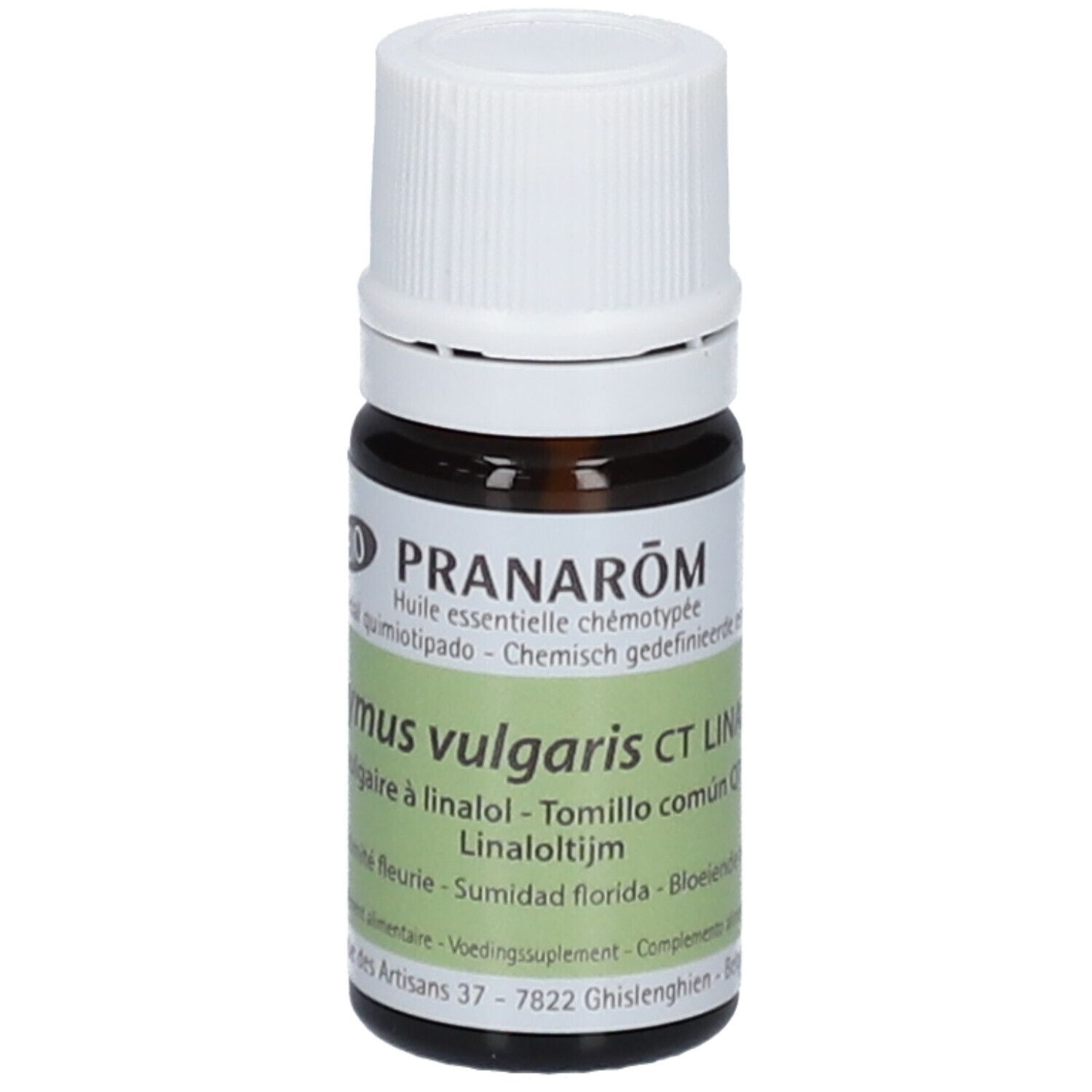 Flacone del prodotto con tappo bianco. Scritta: PRANAROM Thymus vulgaris ct linalool. Certificazione Bio.