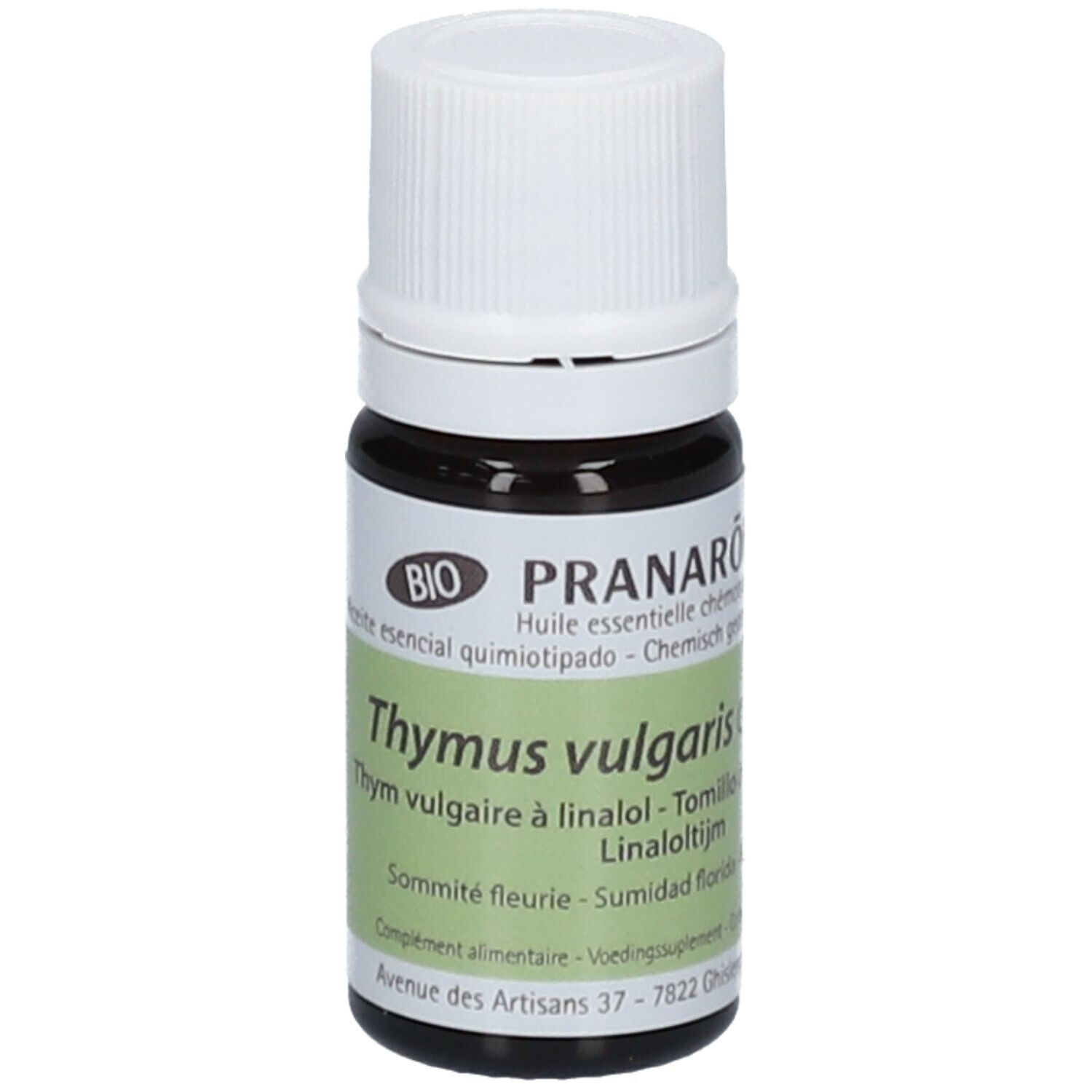 Flacone del prodotto con tappo bianco. Scritta: PRANAROM Thymus vulgaris ct linalool. Certificazione Bio.