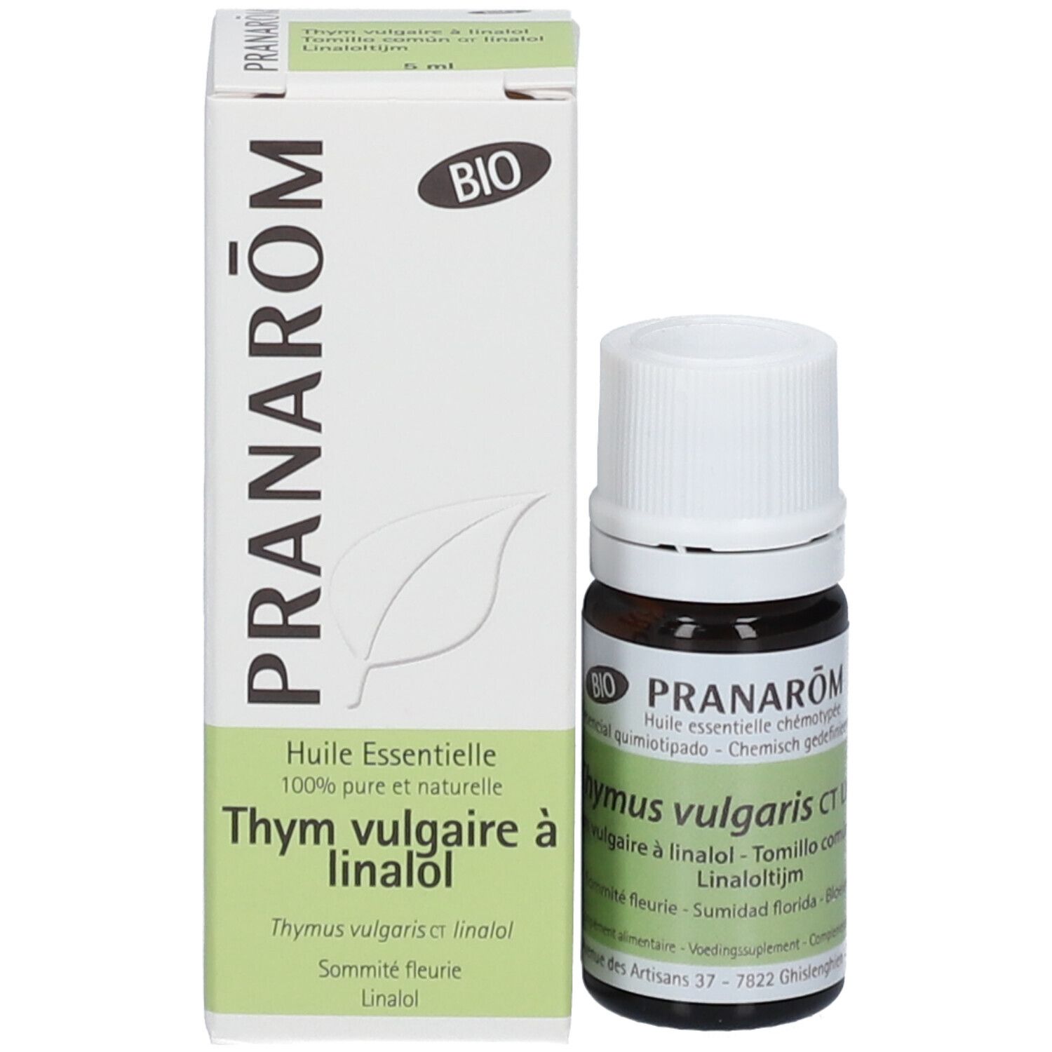 Flacone in vetro marrone e scatola con nome del prodotto. Scritta: PRANAROM Thymian Linalool. Certificazione Bio.