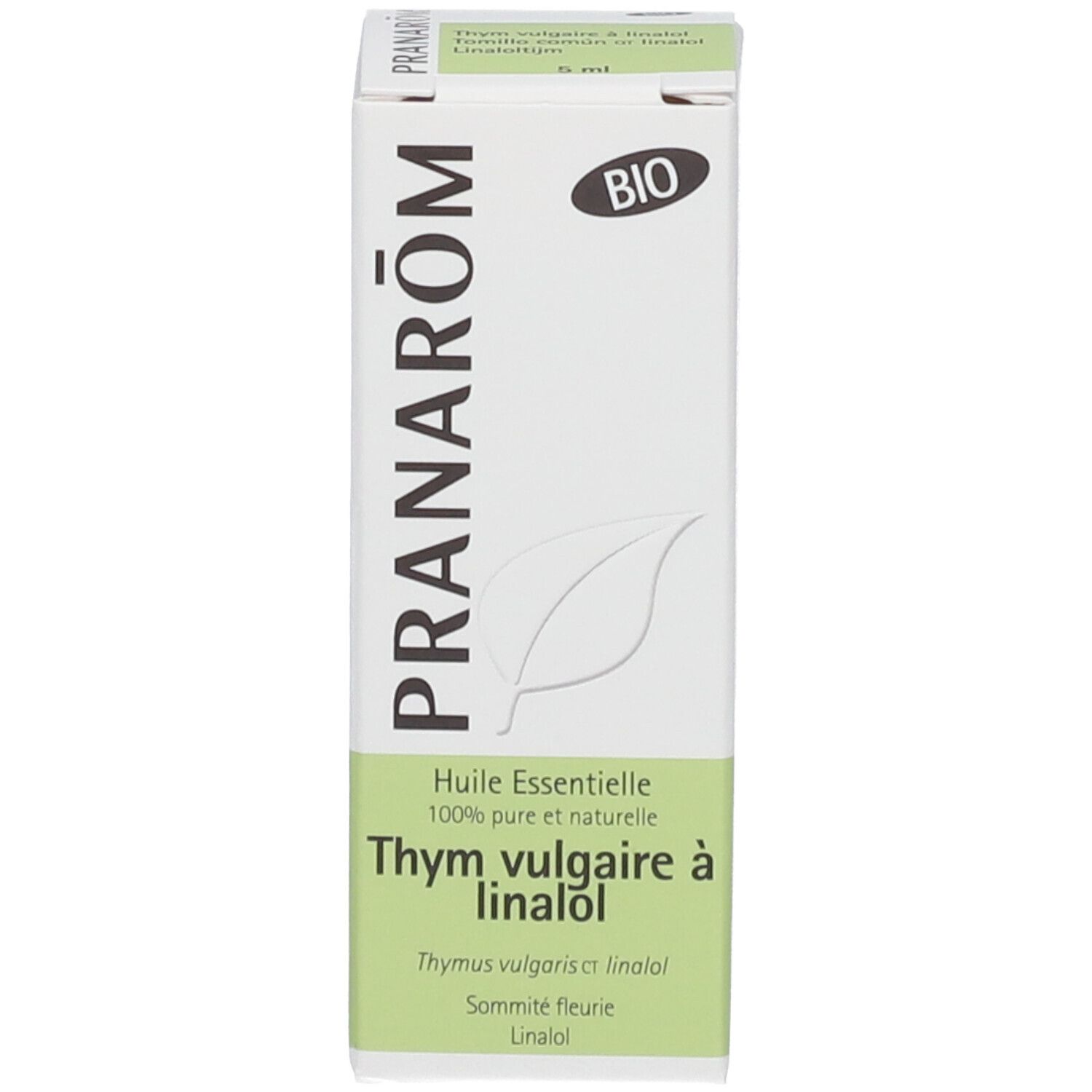 Scatola con nome del prodotto. Scritta: PRANAROM Thymian Linalool. Certificazione Bio.