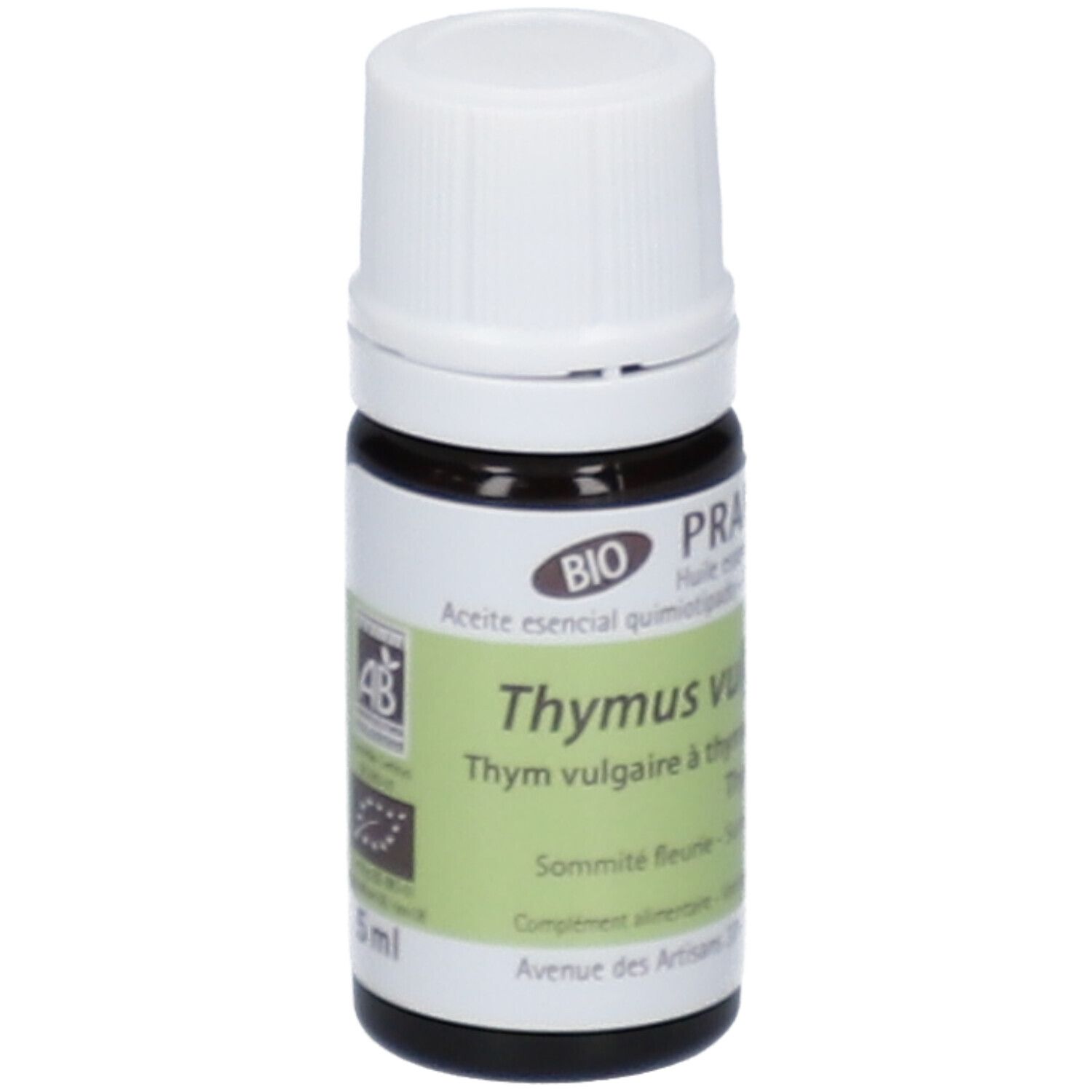 Flacone di vetro marrone con tappo bianco ed etichetta. Scritta: PRANAROM, Thymus vulgaris CT thymol, sigillo BIO.