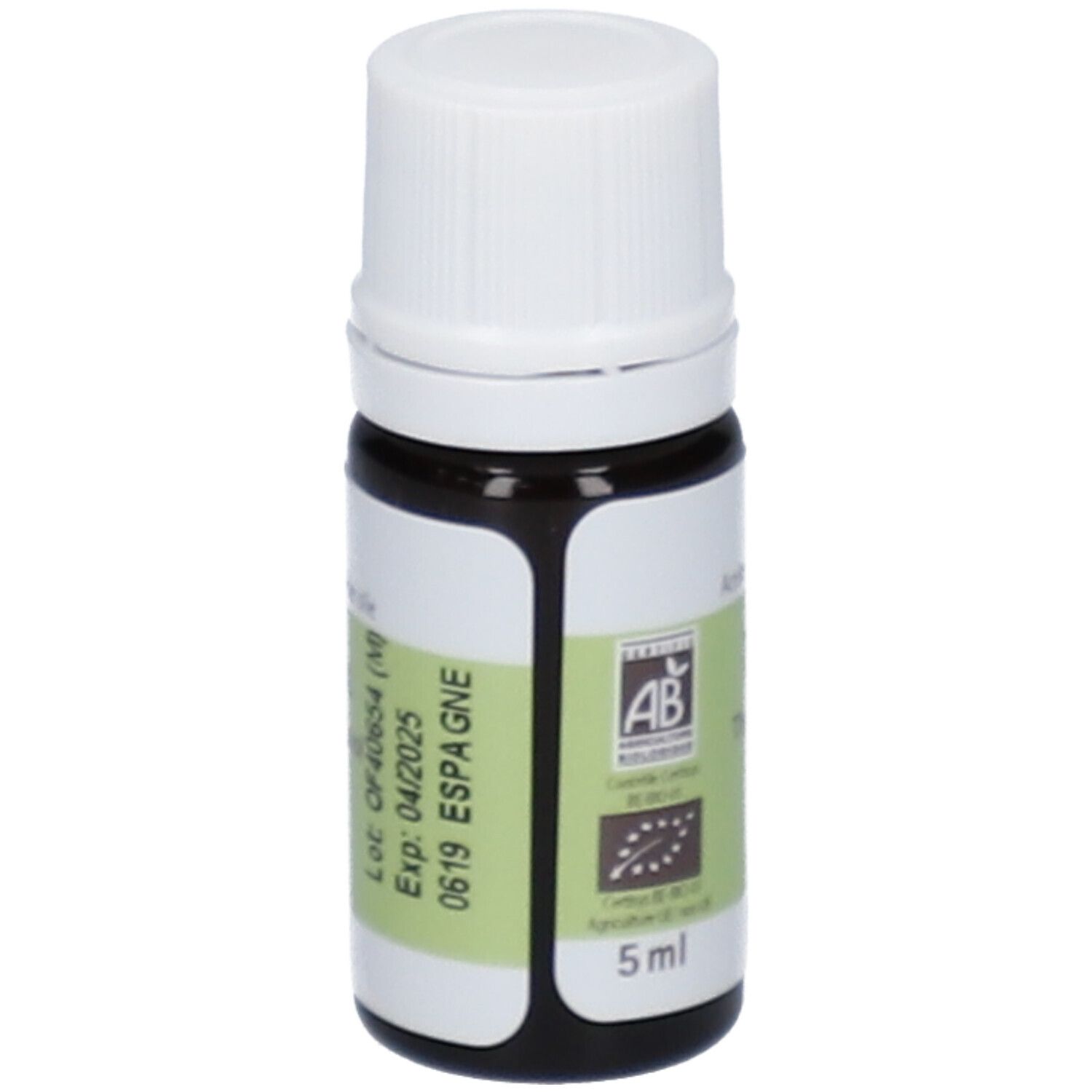 Flacone di vetro marrone con tappo bianco ed etichetta. Scritta: PRANAROM, 5 ml, sigillo BIO.