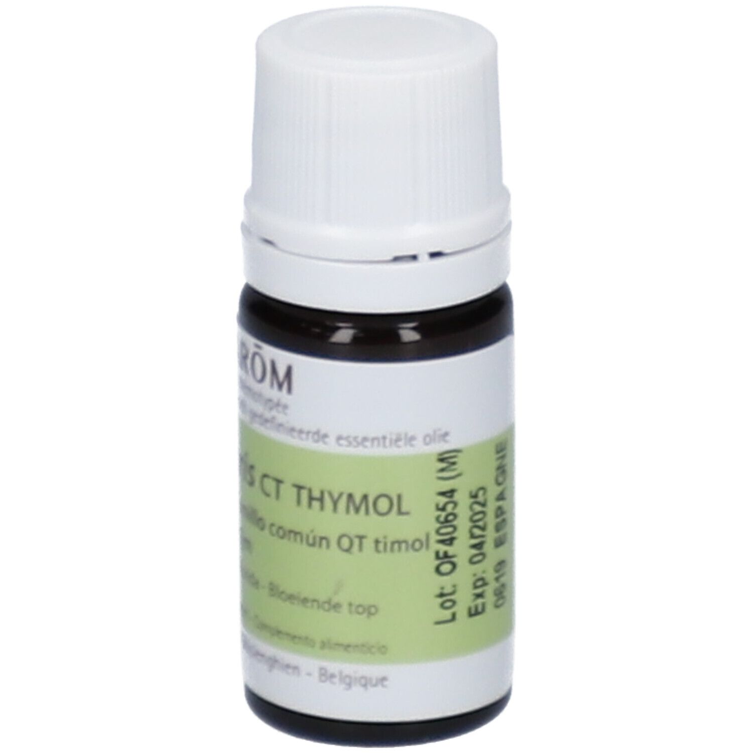 Flacone di vetro marrone con tappo bianco ed etichetta. Scritta: PRANAROM, 5 ml, sigillo BIO, scadenza.