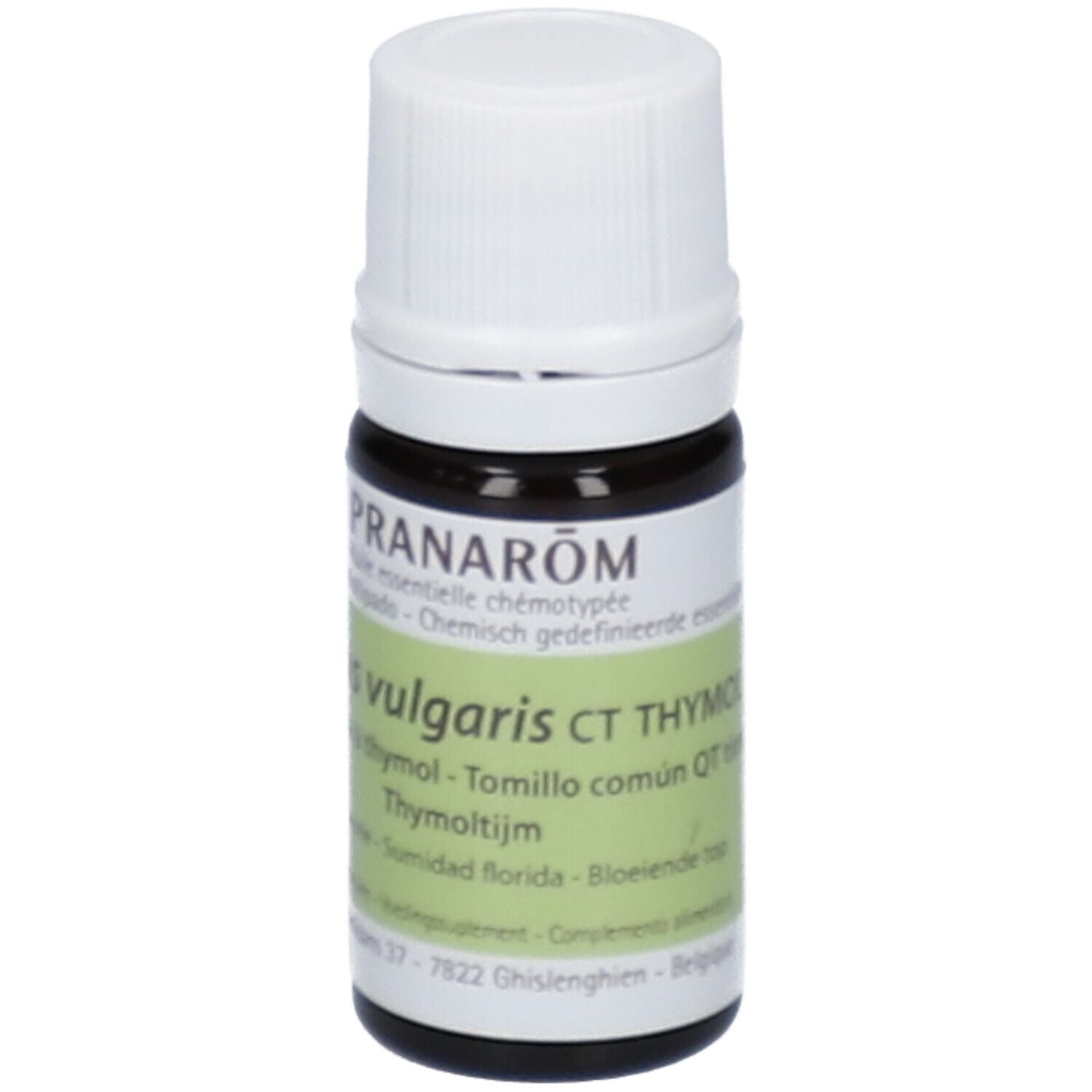Flacone di vetro marrone con tappo bianco ed etichetta. Scritta: PRANAROM, Thymus vulgaris CT thymol.