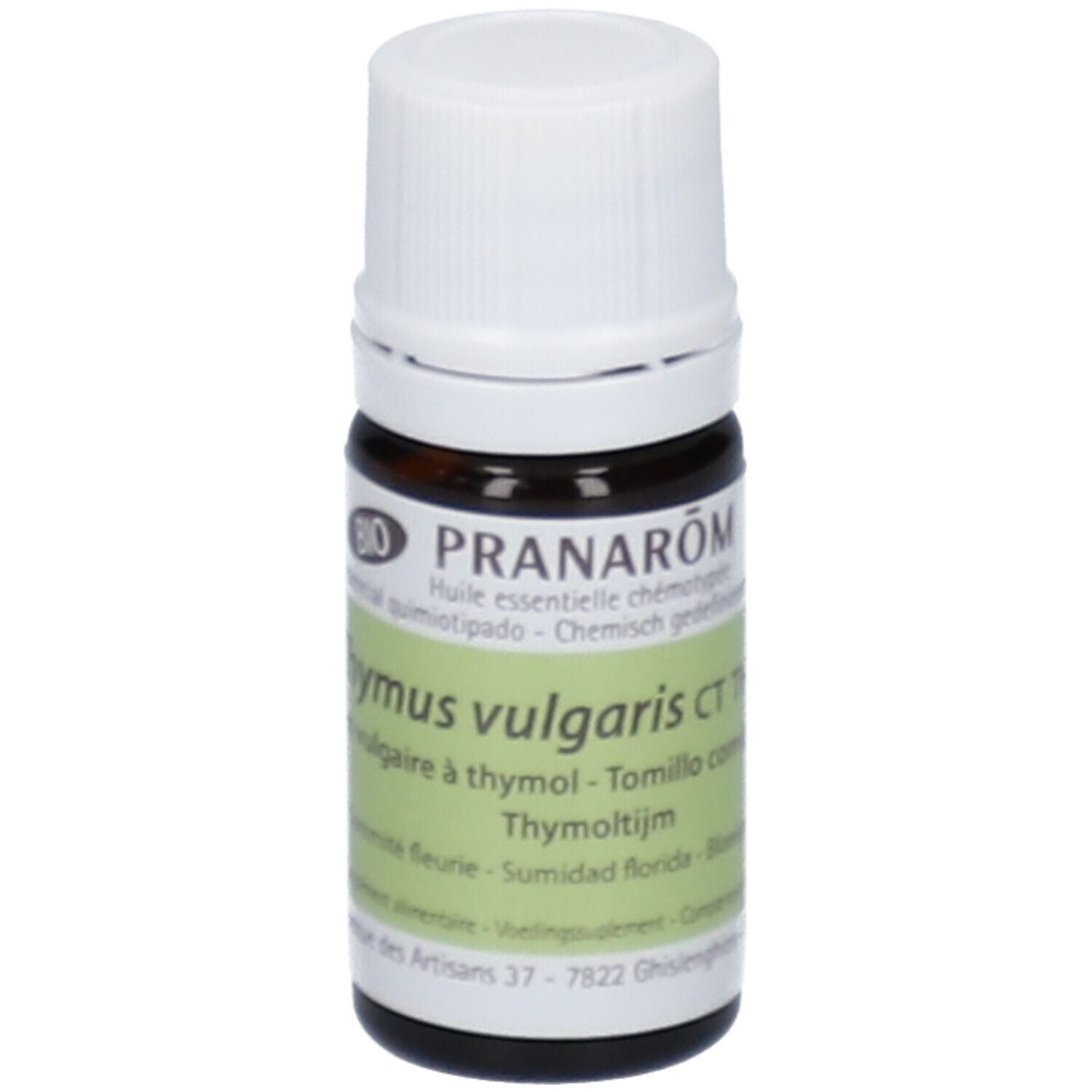 Flacone di vetro marrone con tappo bianco ed etichetta. Scritta: PRANAROM, Thymus vulgaris CT thymol.