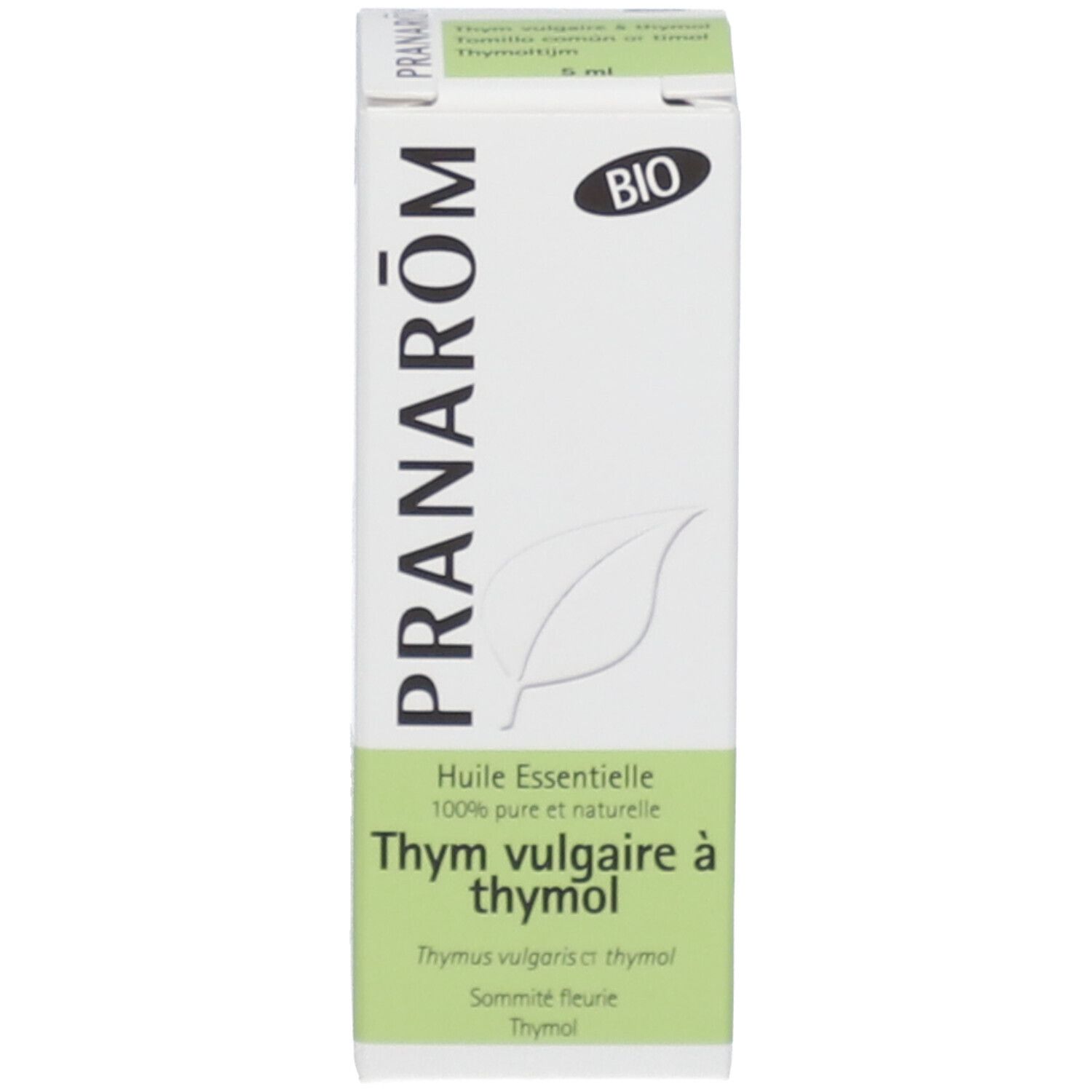 Scatola bianca con dettagli verdi. Scritta: PRANAROM, Thymus vulgaris à thymol, sigillo BIO.