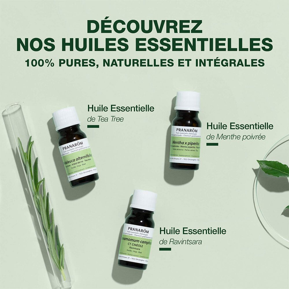 Tre piccoli flaconi di oli essenziali. Scritte: Tea Tree, Menta piperita, Ravintsara.