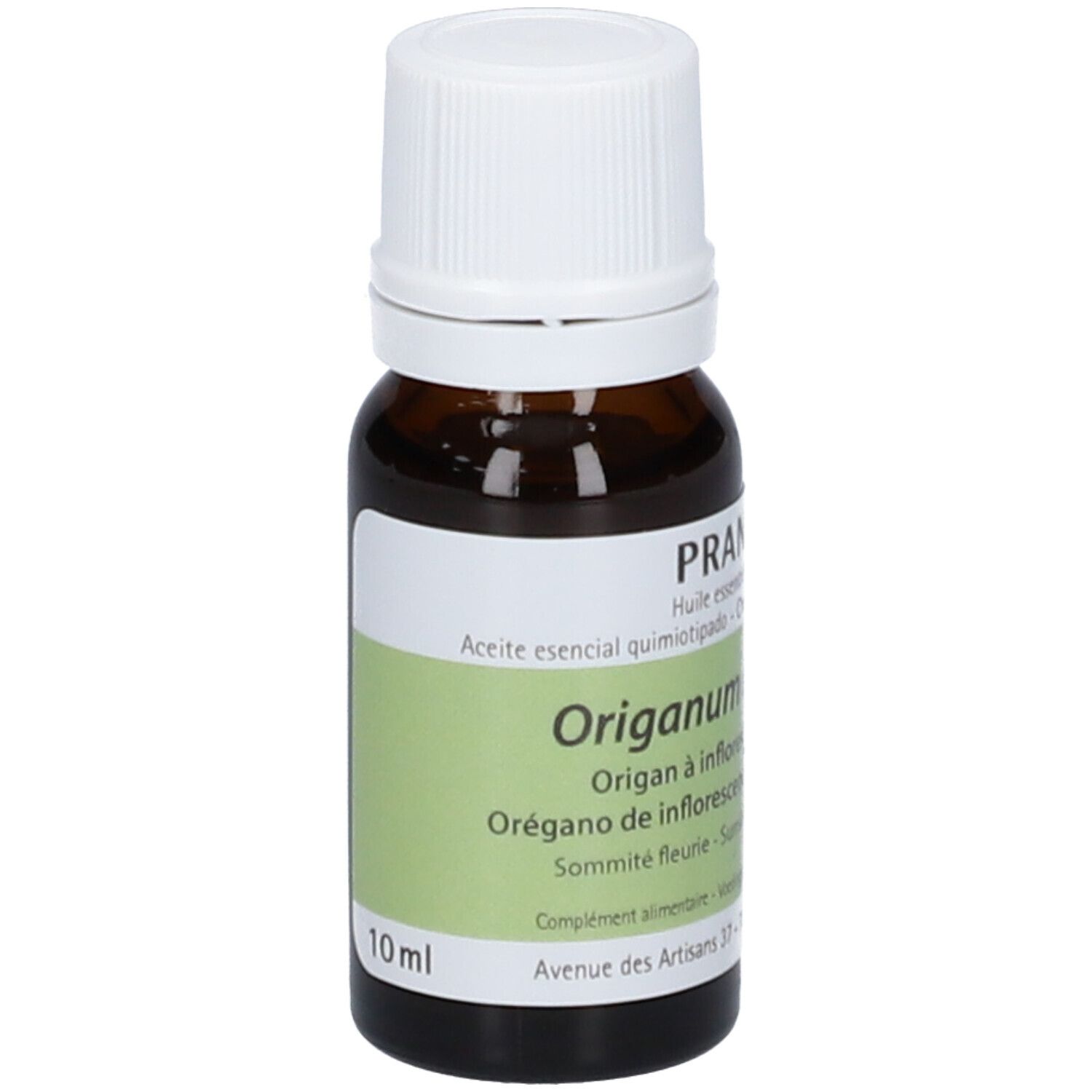 Flacone di vetro marrone con tappo bianco. Etichetta con 'Origanum compactum' e '10 ml'.