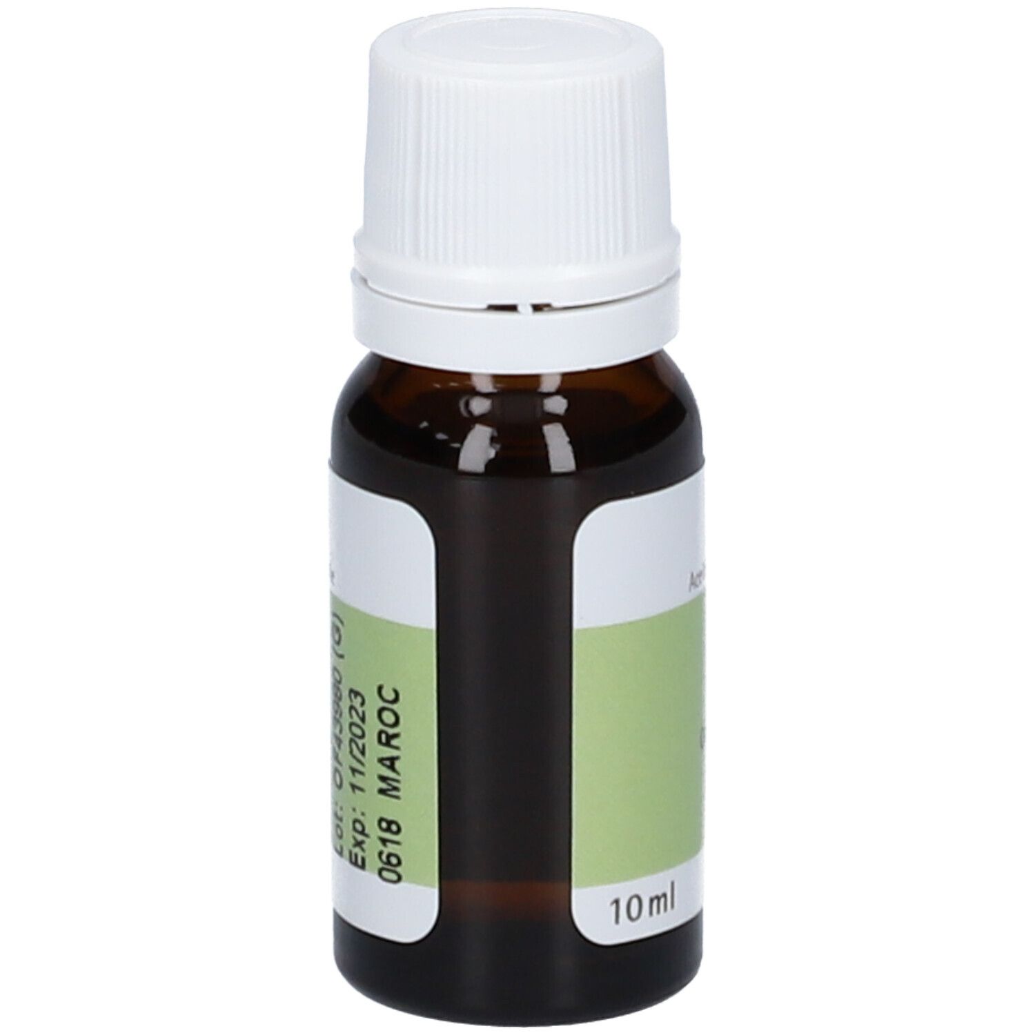 Flacone di vetro marrone con tappo bianco. Etichetta con '10 ml', 'Exp: 11/2023' e '0618 MAROC'.