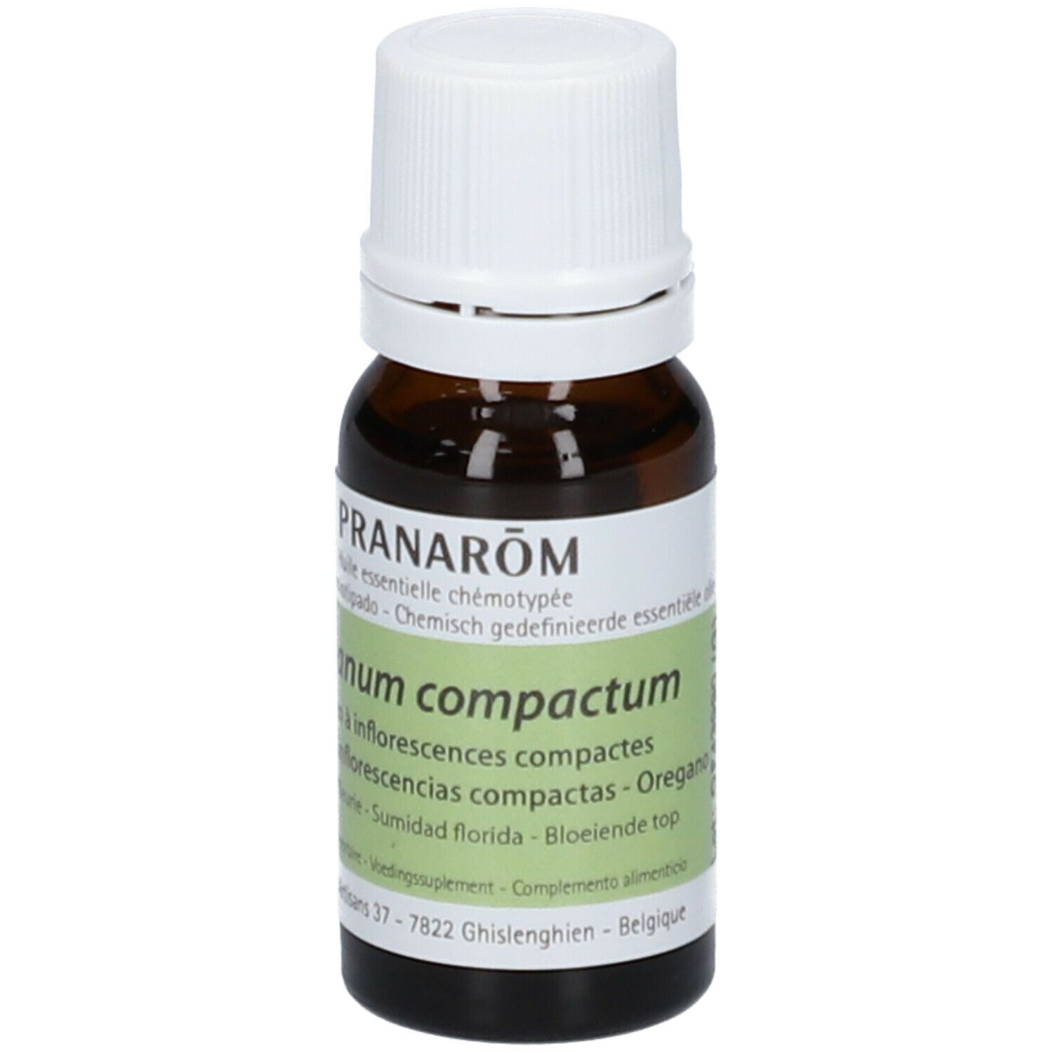 Flacone di vetro marrone con tappo bianco. Etichetta con 'Origanum compactum'.