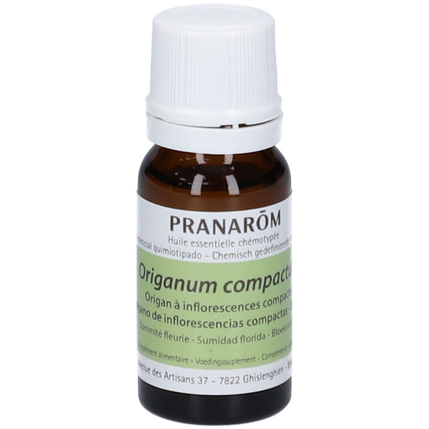 Flacone di vetro marrone con tappo bianco. Etichetta con 'Origanum compactum'.