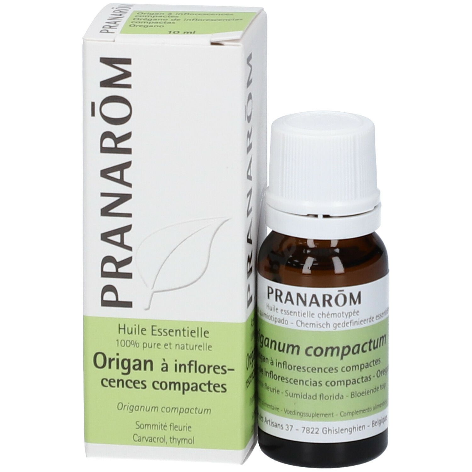 Flacone e scatola. Sulla scatola: 'PRANAROM' e 'Origan à inflorescences compactes'.