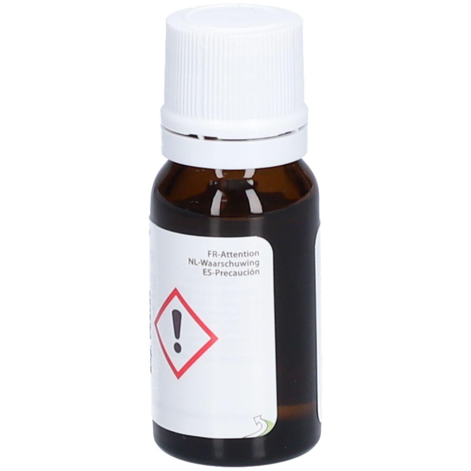Flacone di vetro marrone con tappo bianco. Etichetta con informazioni sul prodotto. Simbolo di avvertimento.