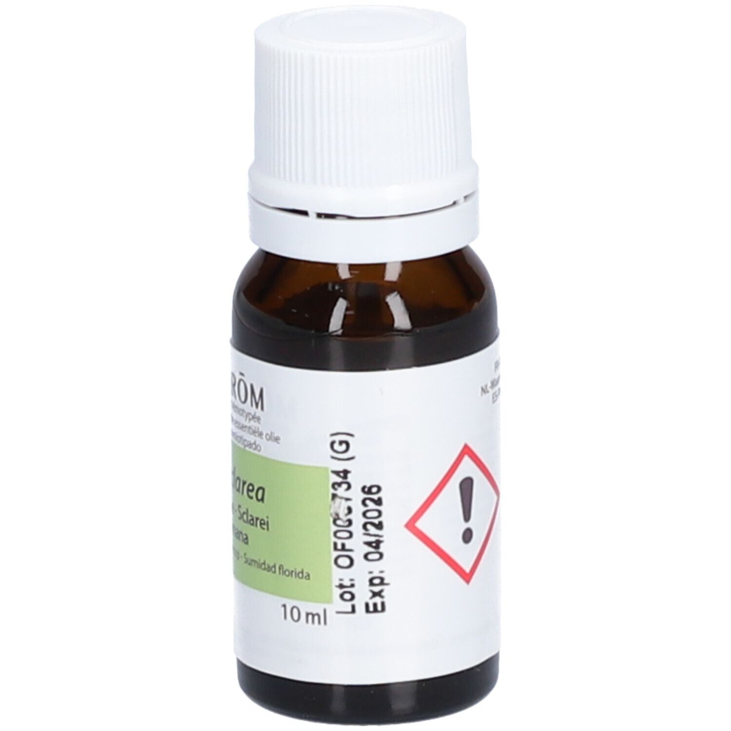 Flacone di vetro marrone con tappo bianco. Etichetta con informazioni sul prodotto. 10 ml. Scadenza 04/2026.