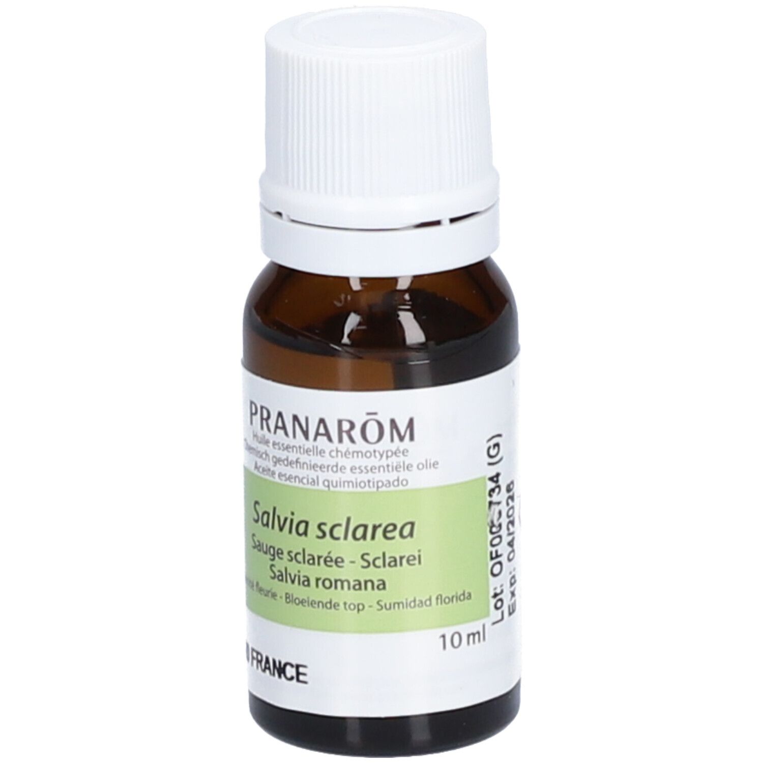Flacone di vetro marrone con tappo bianco. Etichetta con informazioni sul prodotto. 10 ml.