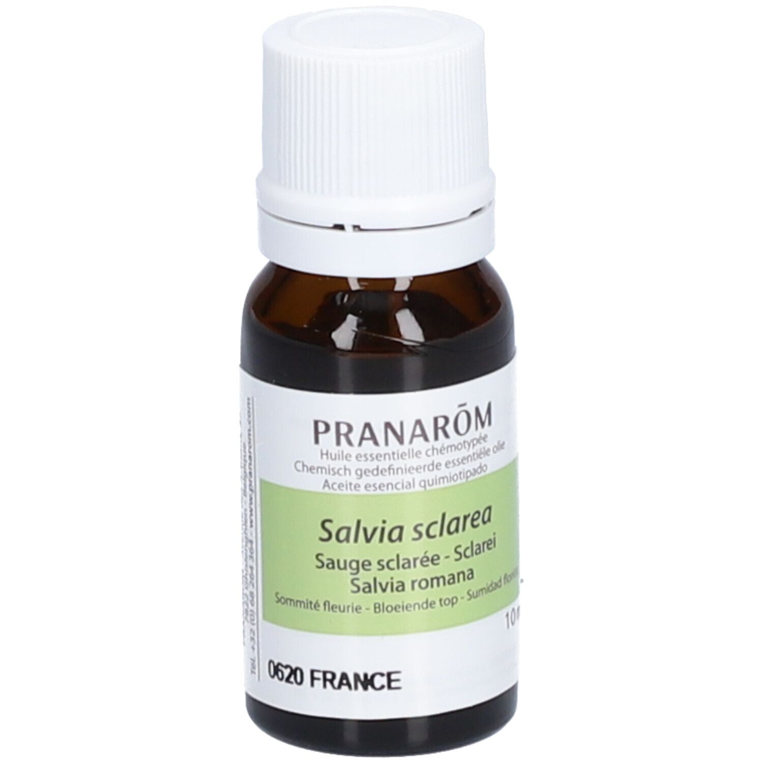 Flacone di vetro marrone con tappo bianco. Etichetta con informazioni sul prodotto. 10 ml.