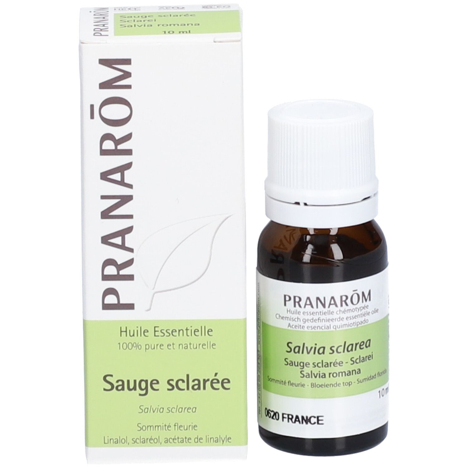 Flacone di vetro marrone con tappo bianco ed etichetta. Scatola con informazioni sul prodotto. 10 ml.