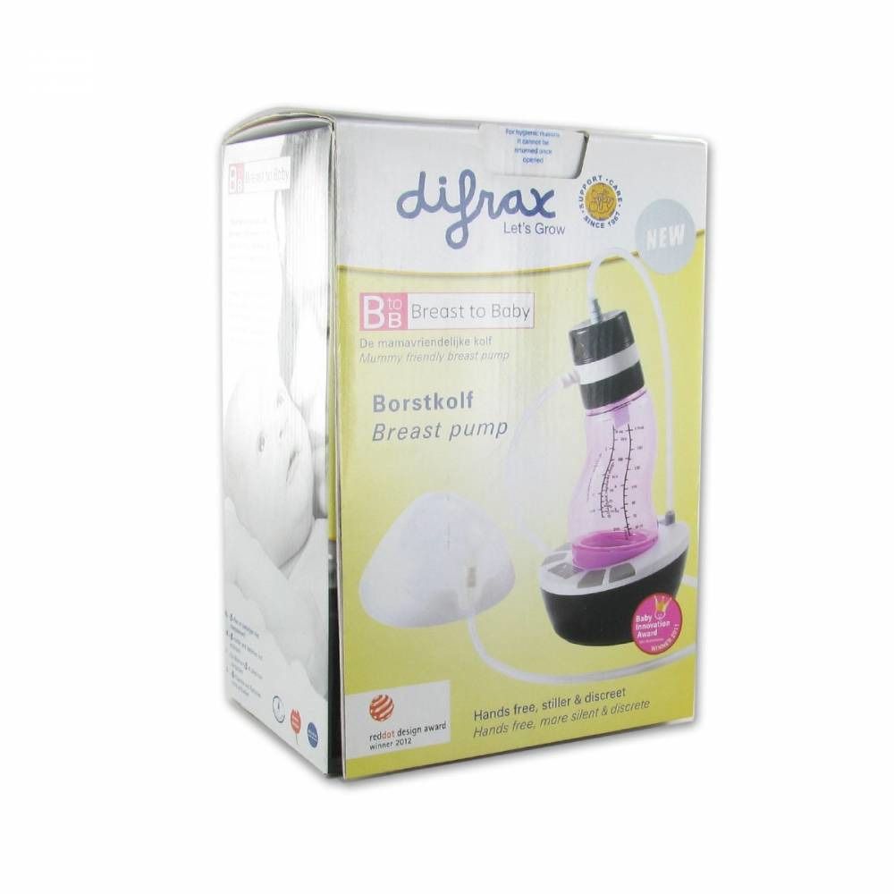 Confezione con tiralatte difrax. Scritte: Brustkolf, Breast pump. Include accessori e certificazioni.