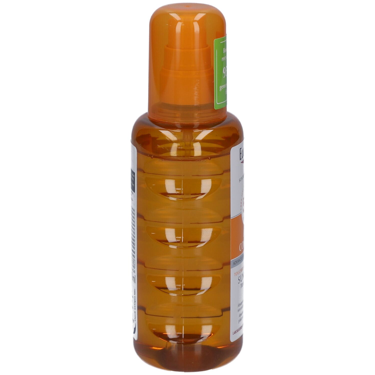 Eucerin Sun Spray Transparent LSF 50, vista laterale. Flacone arancione con erogatore spray. Scritta: Sun Spray Transparent.