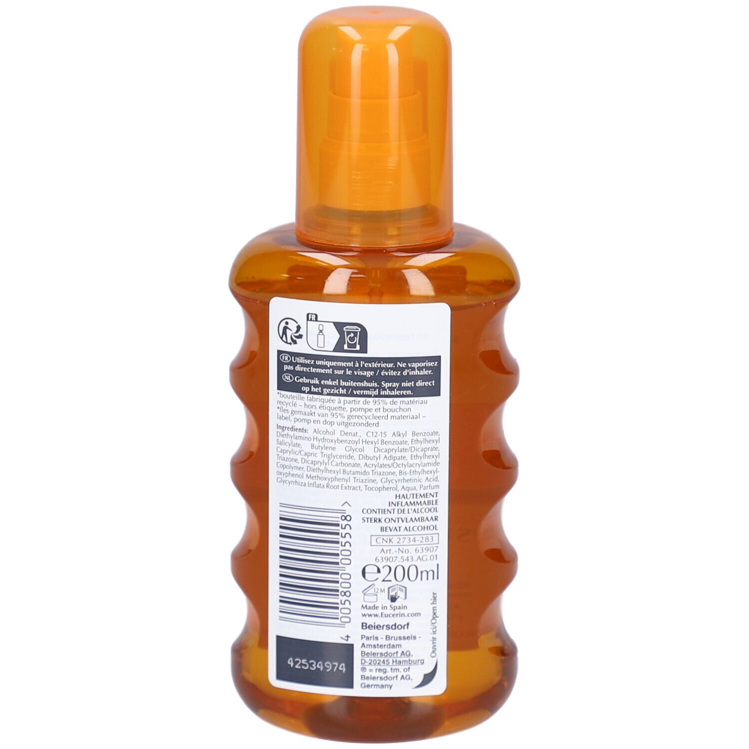 Eucerin Sun Spray Transparent LSF 50, retro. Flacone arancione con testo e codice a barre. Scritta: Eucerin, e200ml.