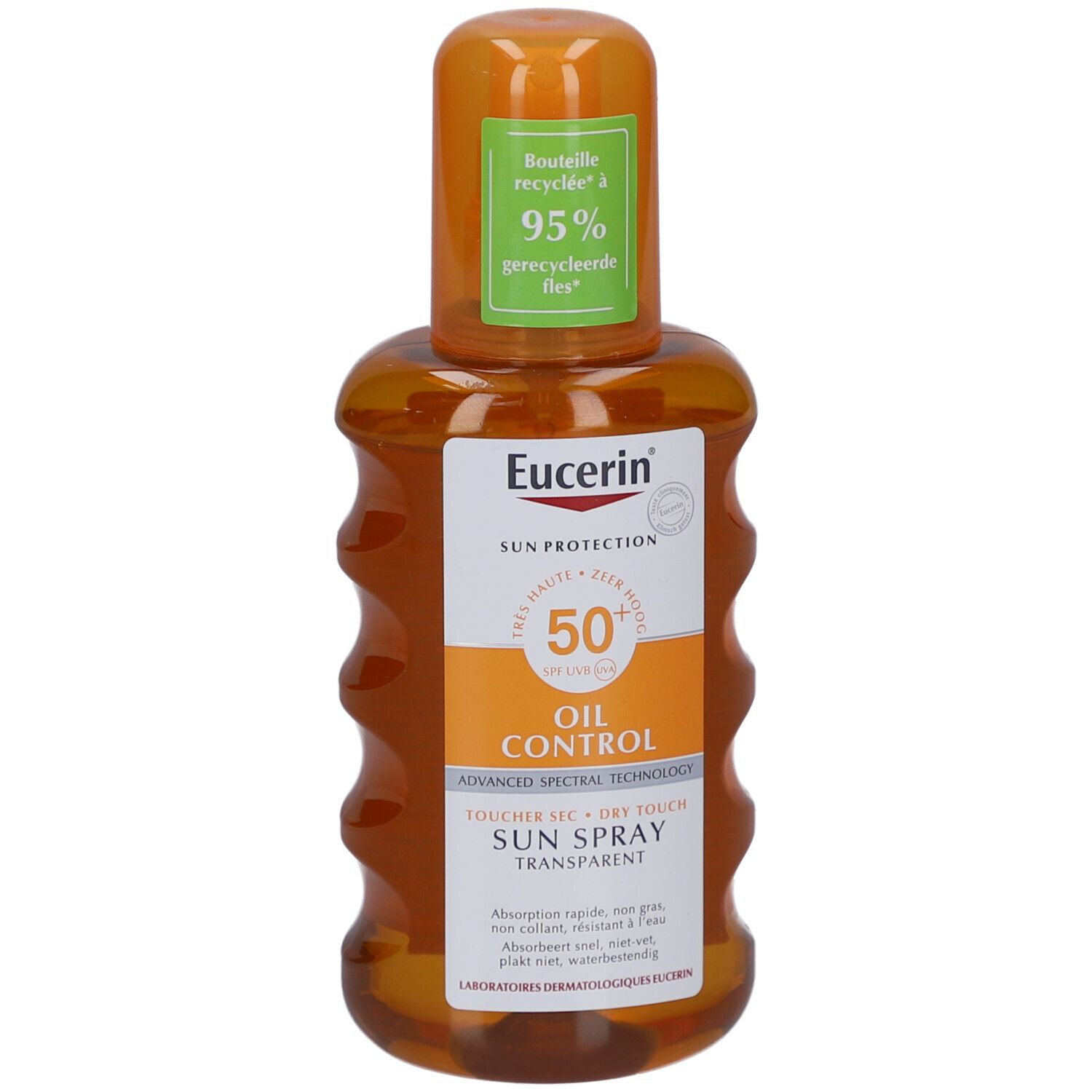 Eucerin Sun Spray Transparent LSF 50, flacone. Flacone arancione con erogatore spray. Scritta: Oil Control, Sun Spray Transparent.