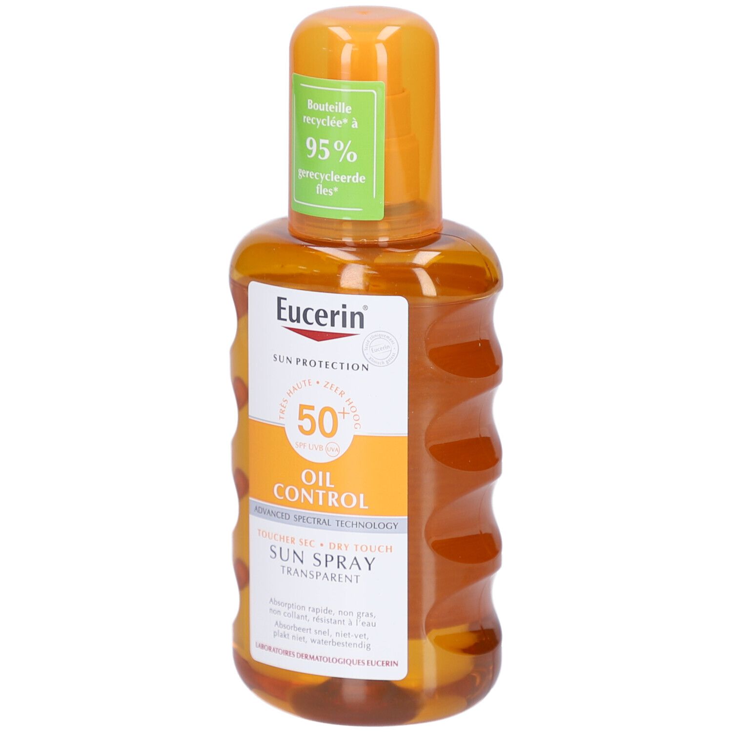 Eucerin Sun Spray Transparent LSF 50, flacone. Flacone arancione con erogatore spray. Scritta: Oil Control, Sun Spray Transparent.