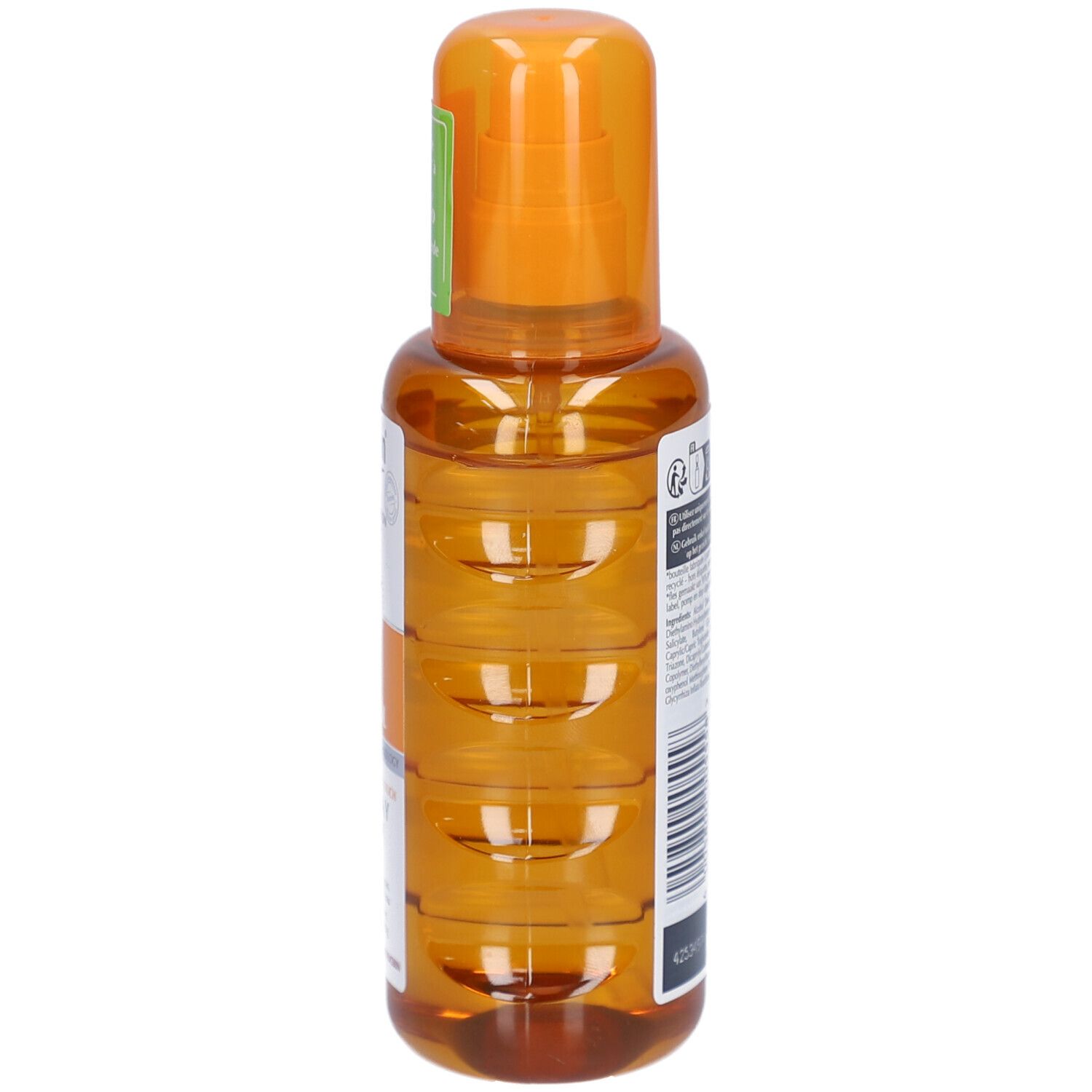 Eucerin Sun Spray Transparent LSF 50, vista laterale. Flacone arancione con erogatore spray. Scritta: Sun Spray Transparent.