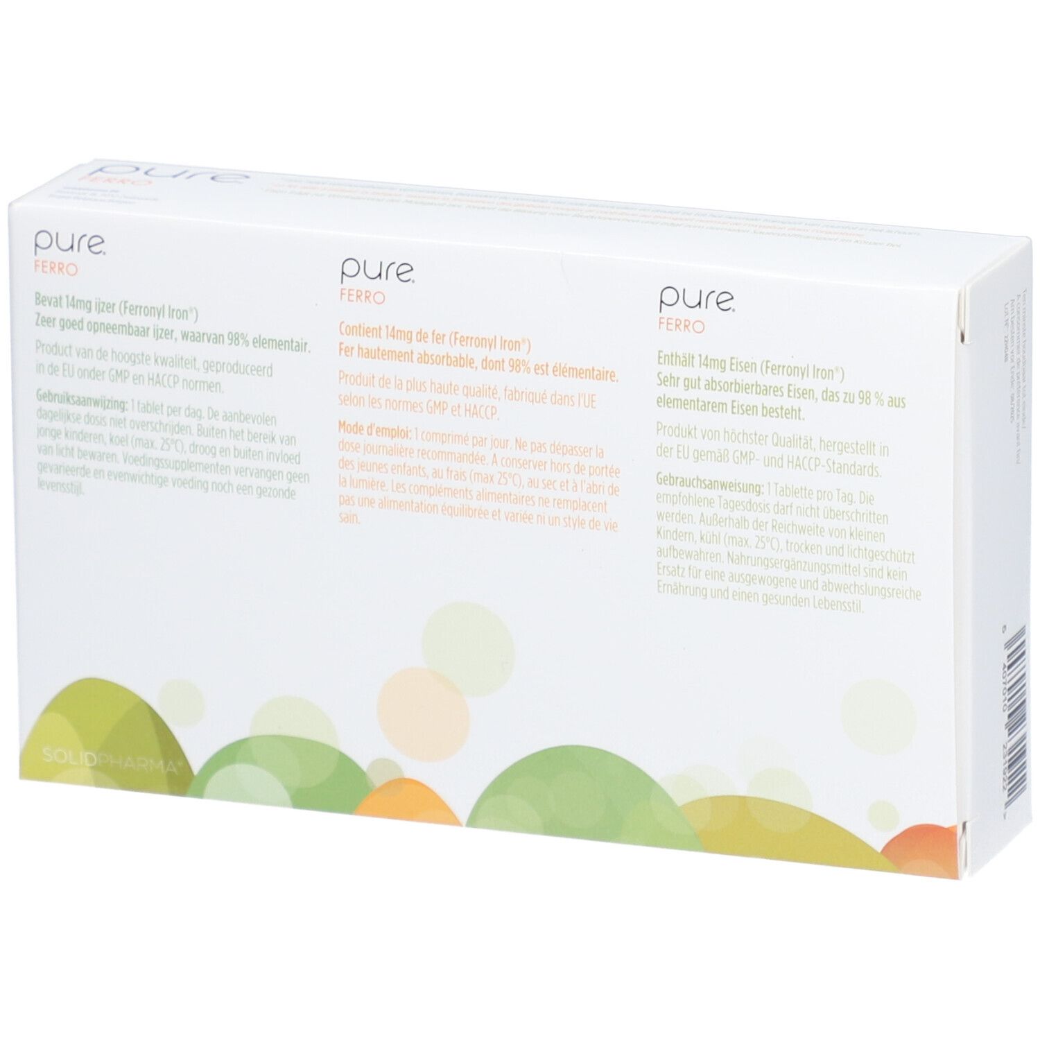 Retro della scatola pure ® ferro. Testo in più lingue.