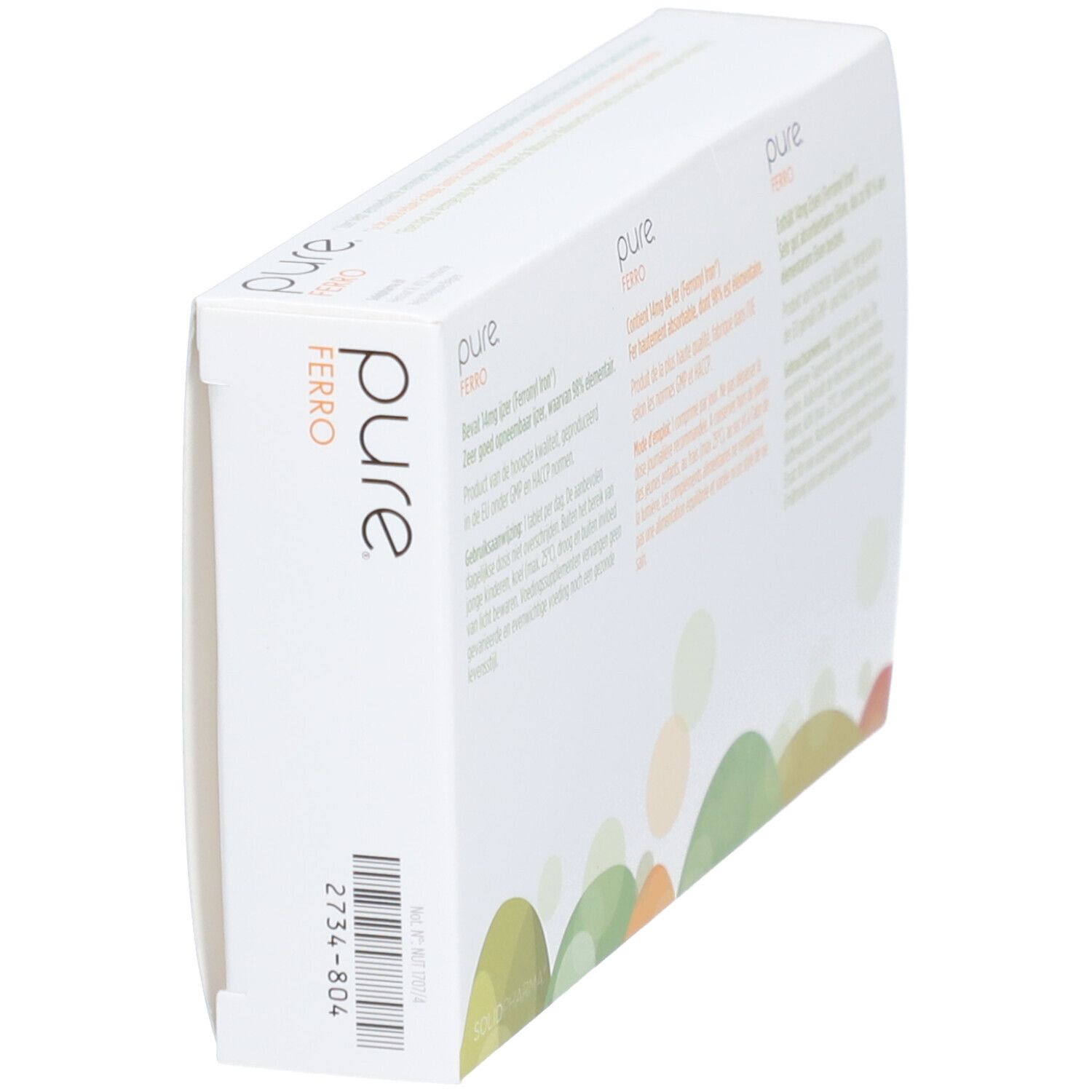 Vista laterale della scatola pure ® ferro. Testo in più lingue.