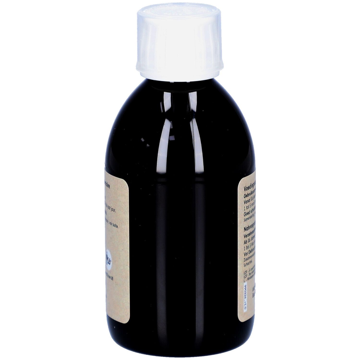 Flacone marrone con tappo bianco. Vista posteriore con etichetta. Certificazione bio.