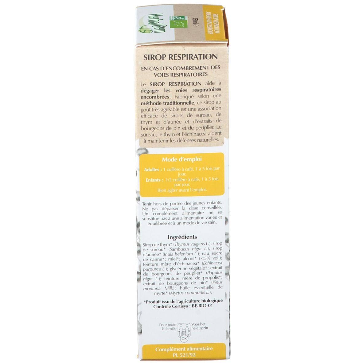 Flacone marrone con tappo bianco. Etichetta con nome e logo del prodotto. Certificazione bio.