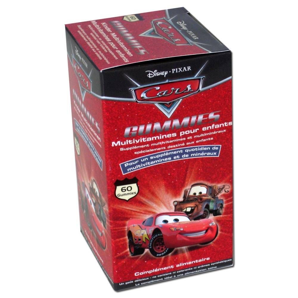 Confezione di multivitamine Disney Cars. Scatola rossa con logo Cars, 60 caramelle gommose. Scritto: Multivitamine per bambini.