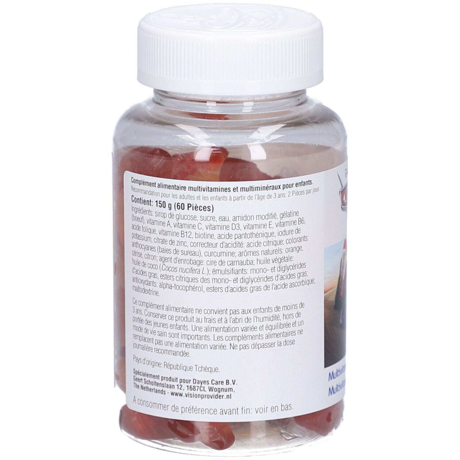 Retro di un flacone trasparente con caramelle gommose rosse. Contiene informazioni sugli ingredienti e il valore nutrizionale.