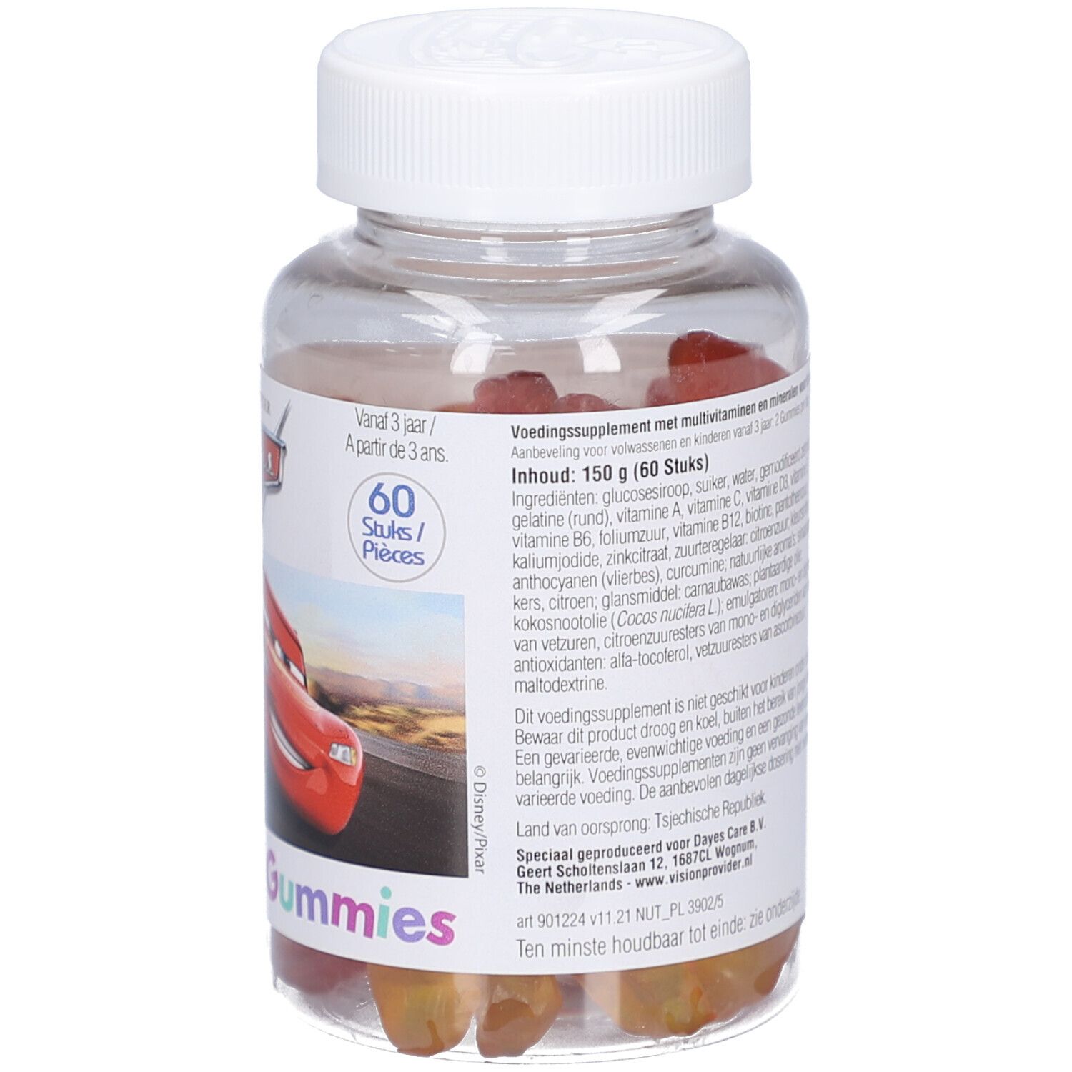 Flacone trasparente con caramelle gommose rosse. Scritta: Disney Pixar Cars, Multivitamine Gummies. 60 pezzi.