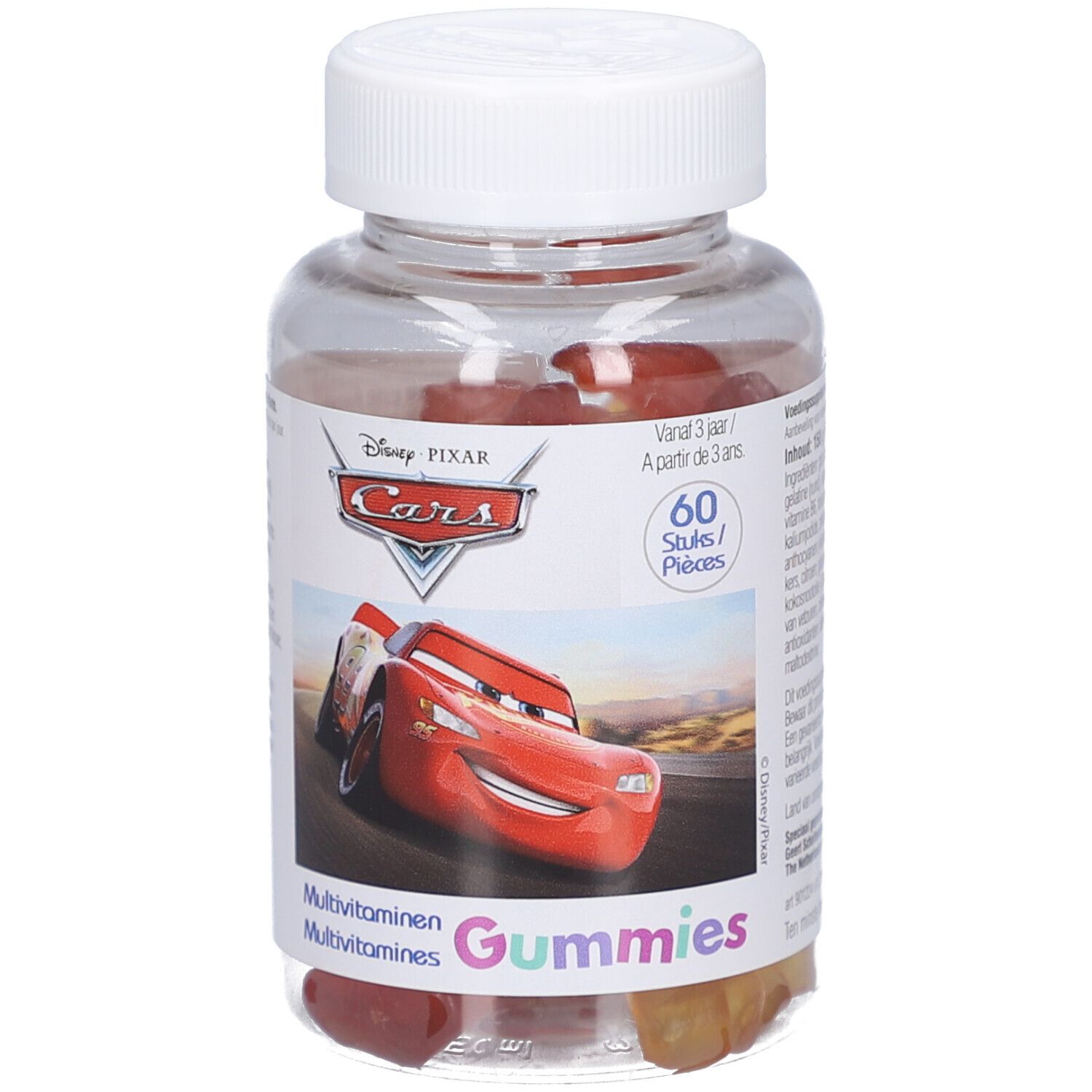 Flacone trasparente con caramelle gommose rosse. Scritta: Disney Pixar Cars, Multivitamine Gummies. 60 pezzi.