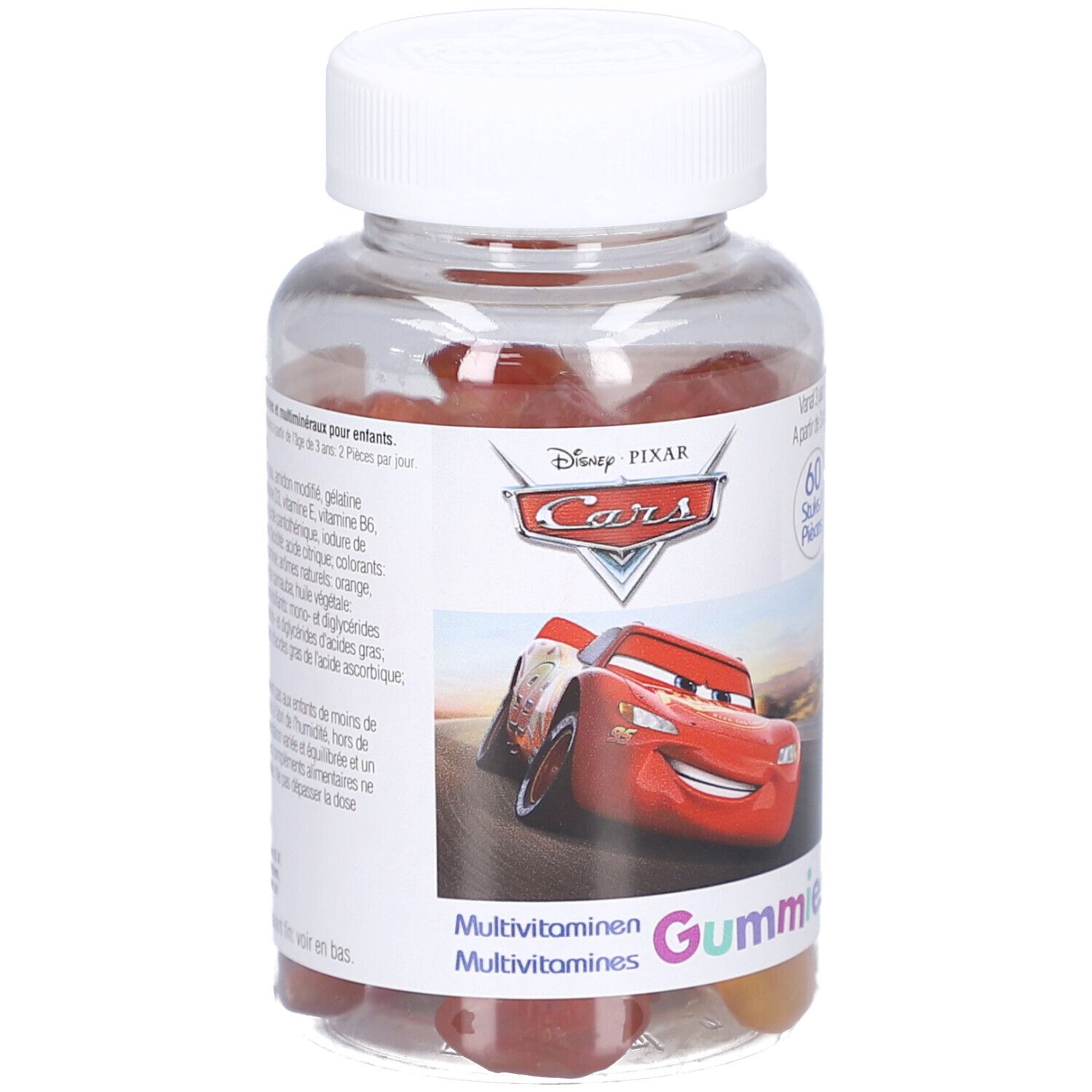 Confezione del prodotto: flacone e scatola. Scritta: Disney Pixar Cars, Multivitamine Gummies. 60 pezzi.